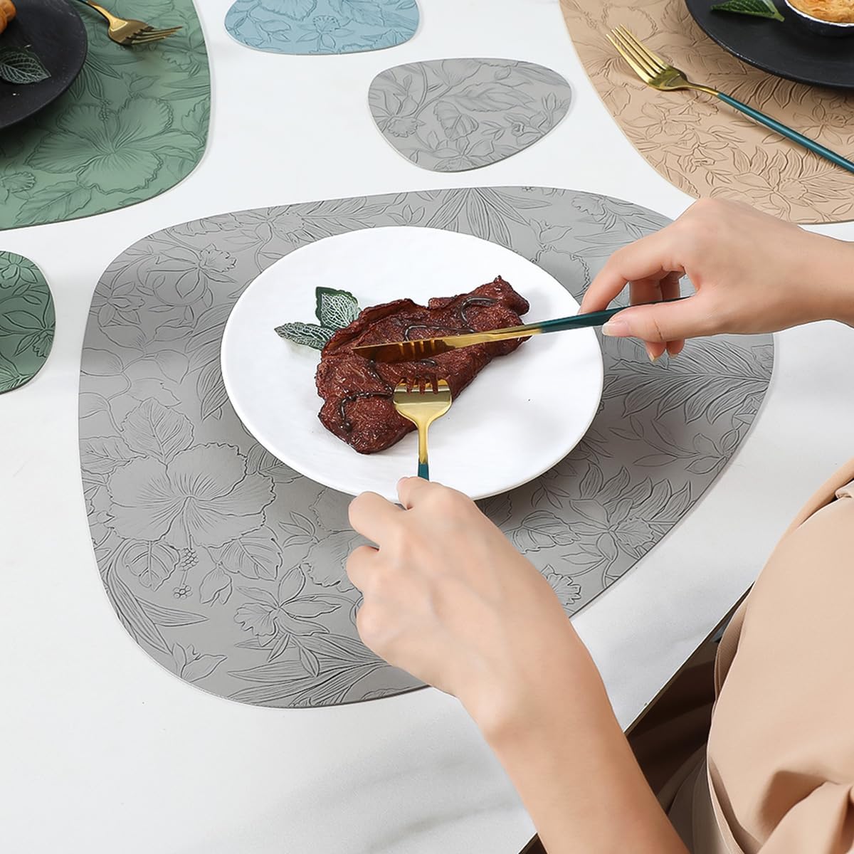 PU Leather Placemats Set of 6, Waterdrop Shape Embossed Floral Table Mats, Waterproof Heat Resistant Faux Leather Placemats for Dining Table, Easy to Clean(Gray)