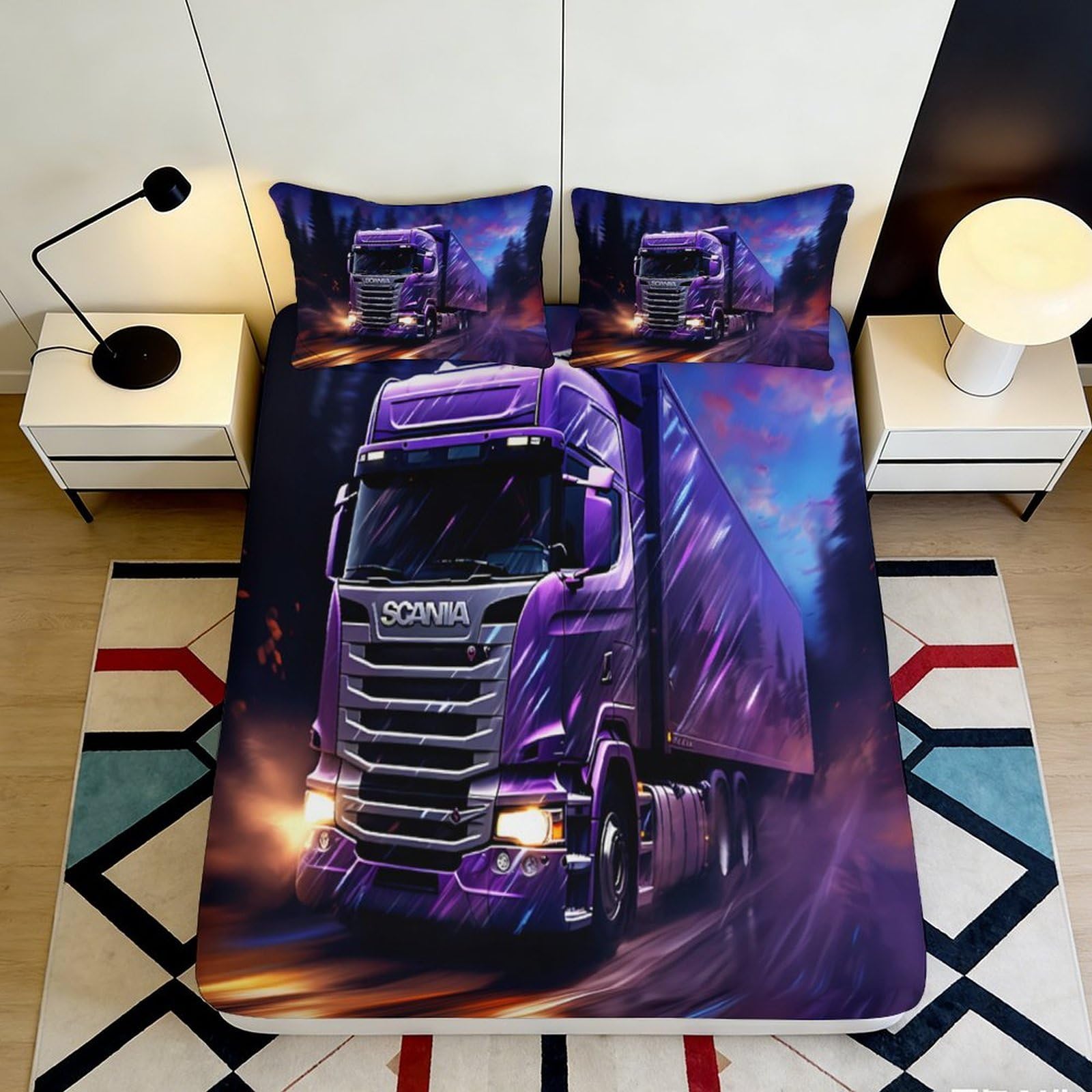 Decorative Truck Fitted Sheet 3D Printed, Microfiber Soft Touch Bed Cover for Bedroom Home Decor, Wrinkle Resistant, Apartment Bedding, Dustproof, 120x200cm 90x200x25cm