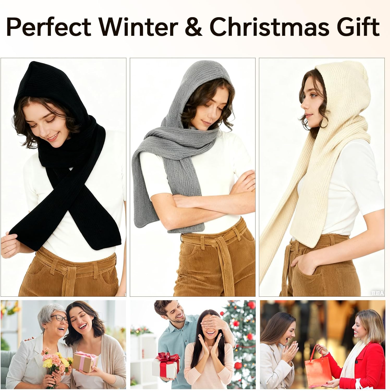 3 Pcs Winter Knitted Hooded Scarf for Women Long Scarf Hat Warm Shawl Wrap Head Scarves for Cold Weather Outdoor - Image 4