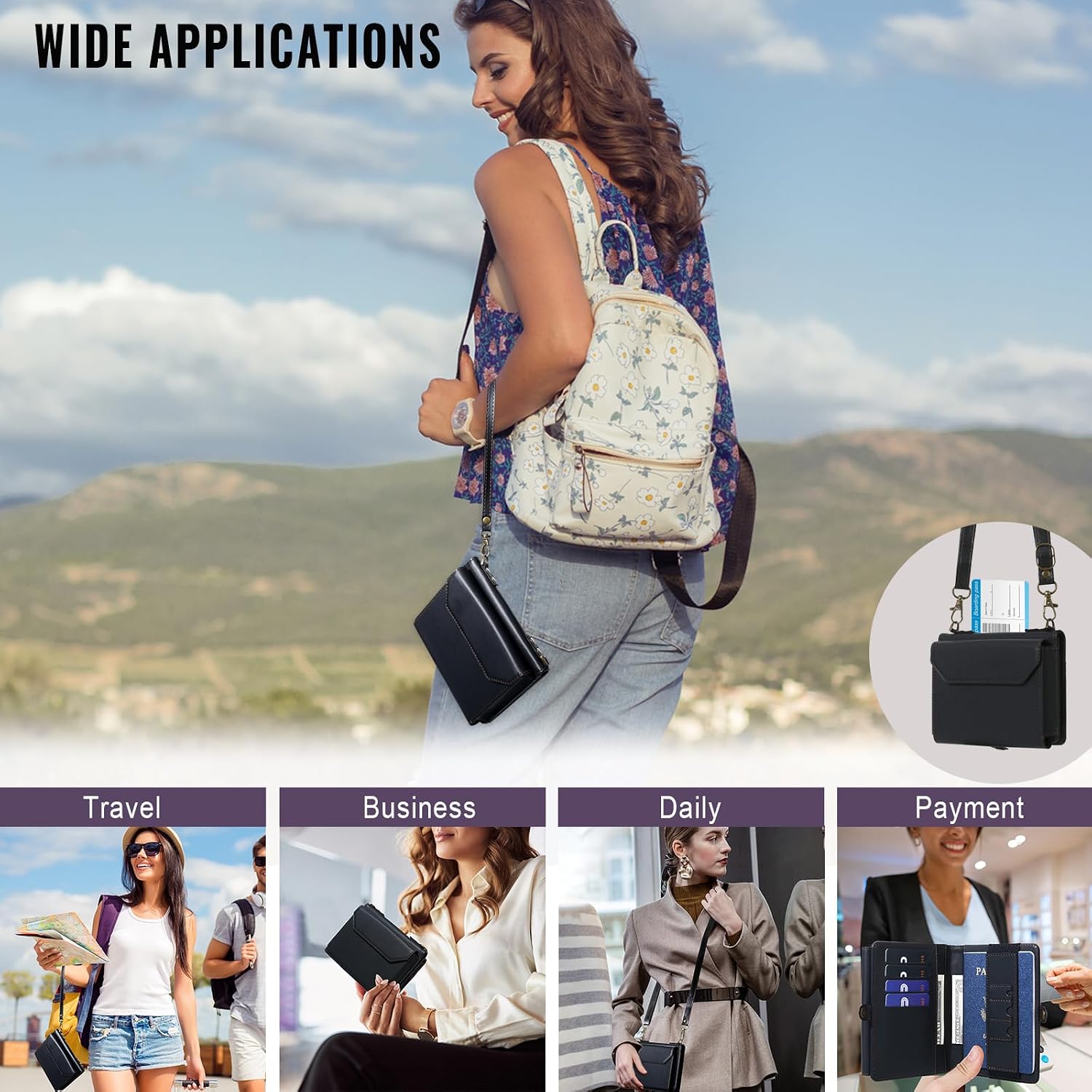 RFID Blocking Family Passport Holder Wallet,Hold 2-3 Passports for Travel with Credit Card Slots & Wrist Crossbody Strap Black
