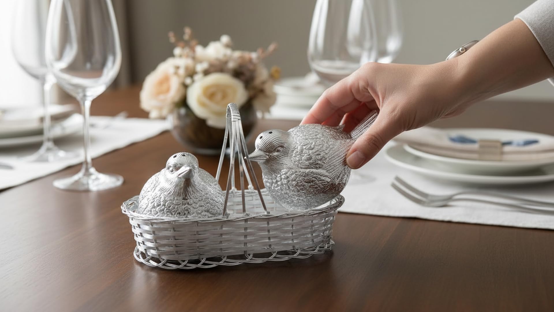Salero y pimentero "Gorriones en la taza" plateado plateado | 14 x 8 x 11 cm | Elegante plata de mesa | Ideal como regalo