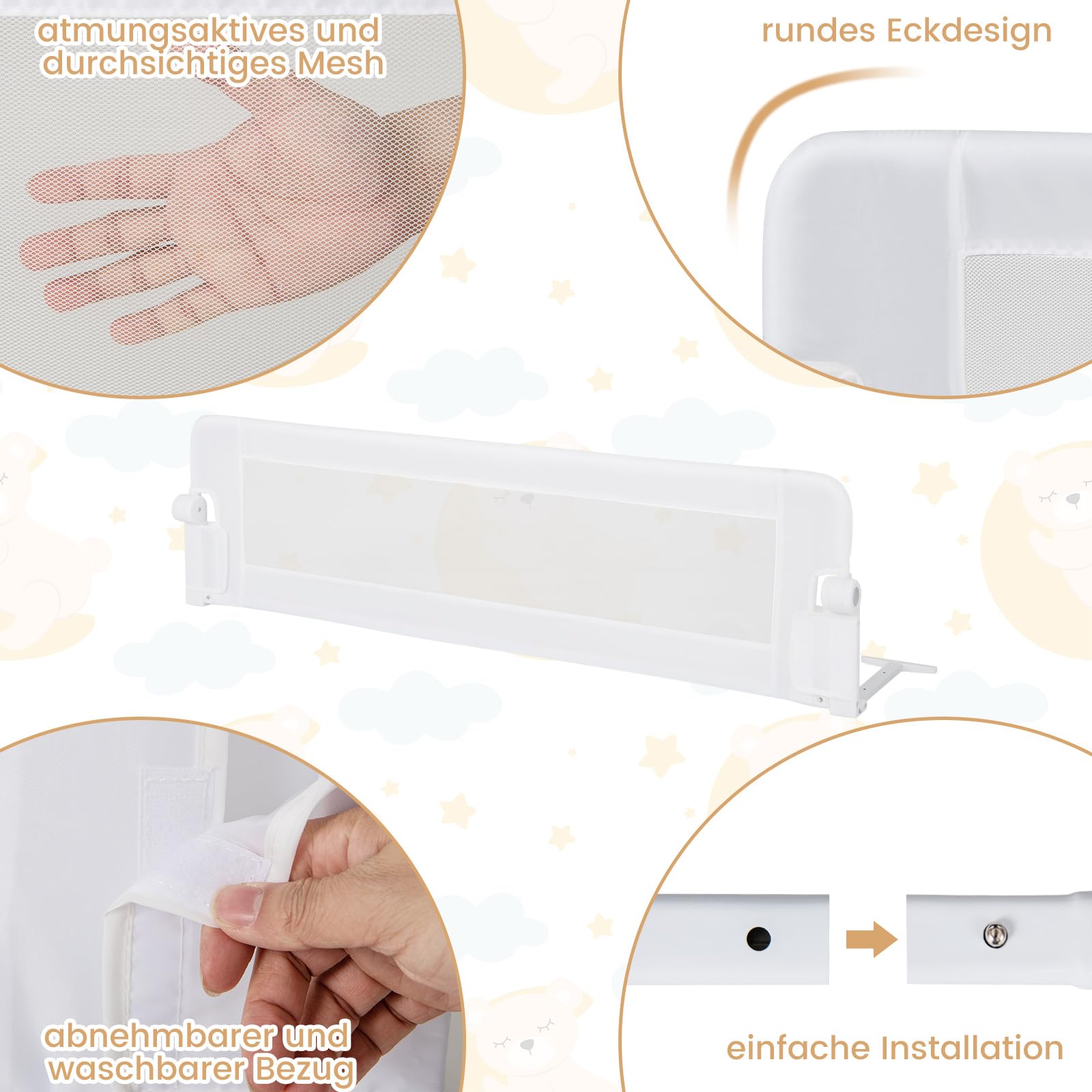 COSTWAY Bettgitter klappbar, 150 x 42cm Bettschutzgitter mit Verstellbarer Gurte, EIN-klick-Faltung, Rausfallschutz Bett 180° faltbar für Boxspringbett, Elternbett, Kinderbett (Weiß)