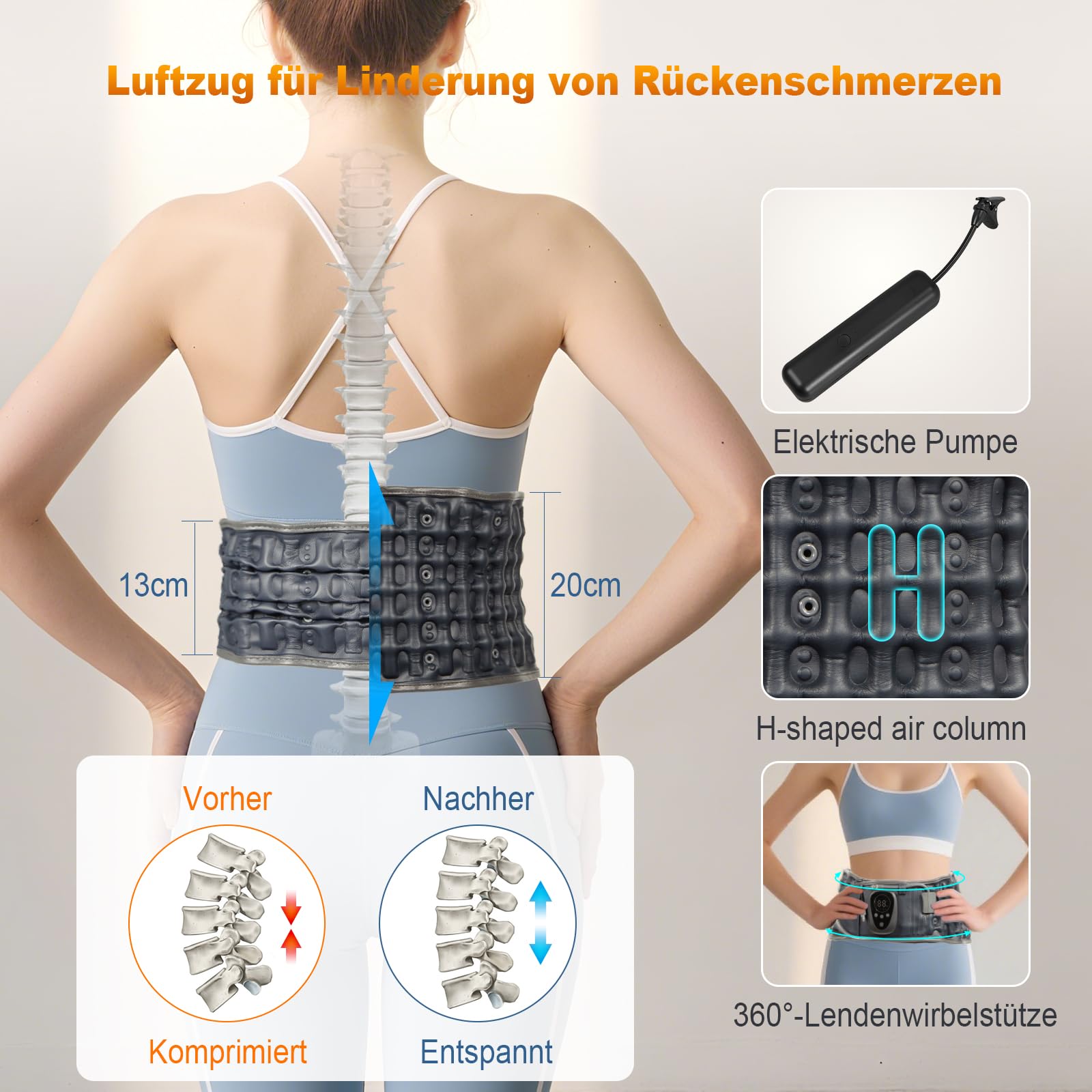HONGJING Beheizter Dekompressions-Rückengurt mit Rotlicht-Heizung & Massage, Aufblasbare Lendenwirbelstütze für Schmerzen im unteren Rückenbereich, Passend für 29-49 Taille, blau