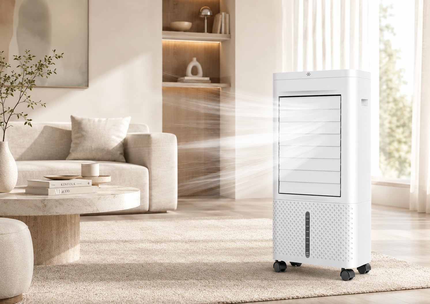 DOMAIR - Rafraîchisseur d’Air Mobile 60W, Ventilateur Refroidisseur avec Télécommande et écran, Oscillation, Modes Sommeil et Naturel, Minuterie 12h, Blanc