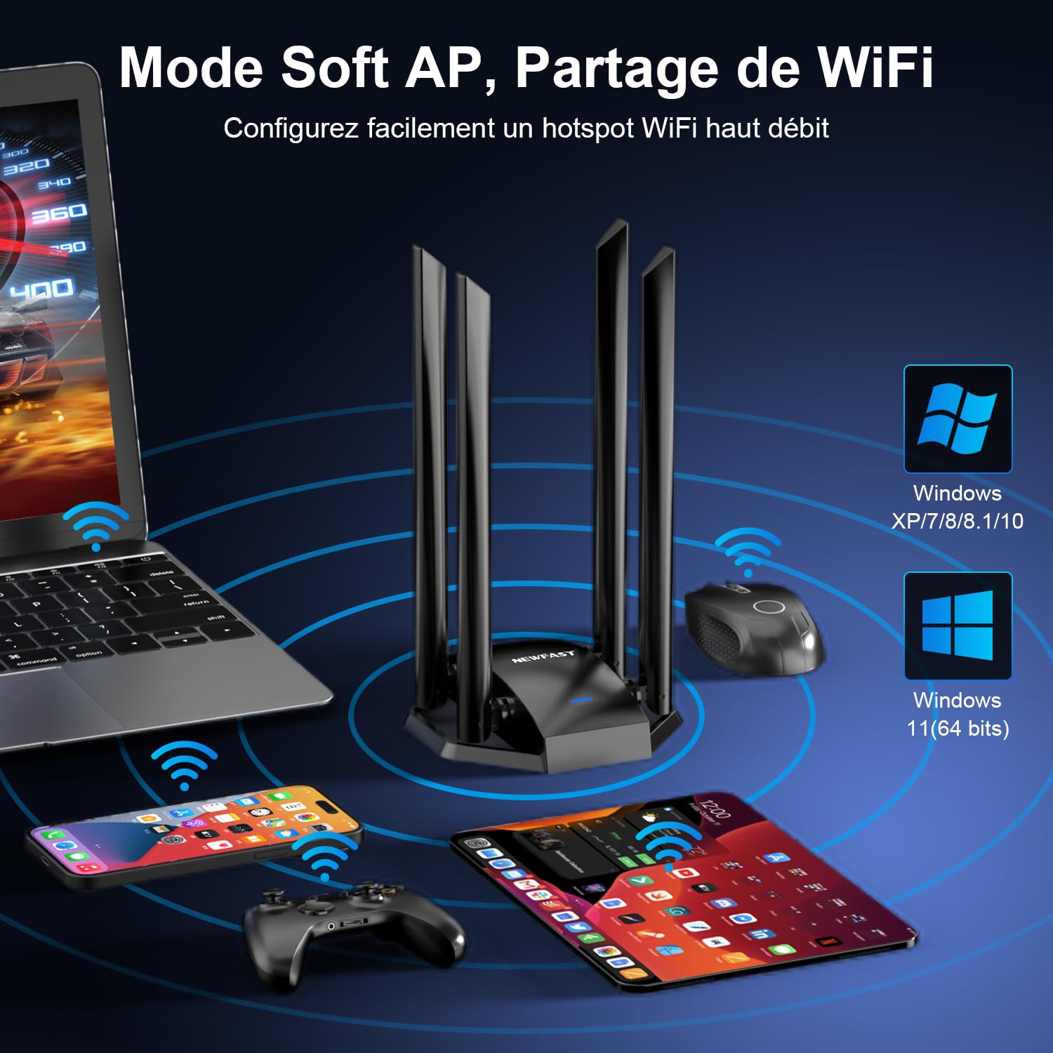 NEWFAST AC1300 Mbps Clé WiFi pour PC U329, Clé WiFi Puissante Double Bande 5G/2.4G Clé Wi-FI USB 3.0, MU-MIMO, Adaptateur USB Wi-FI avec 4 Antenne 6dBi, Compatible avec Windows XP/7/8/8.1/10/11