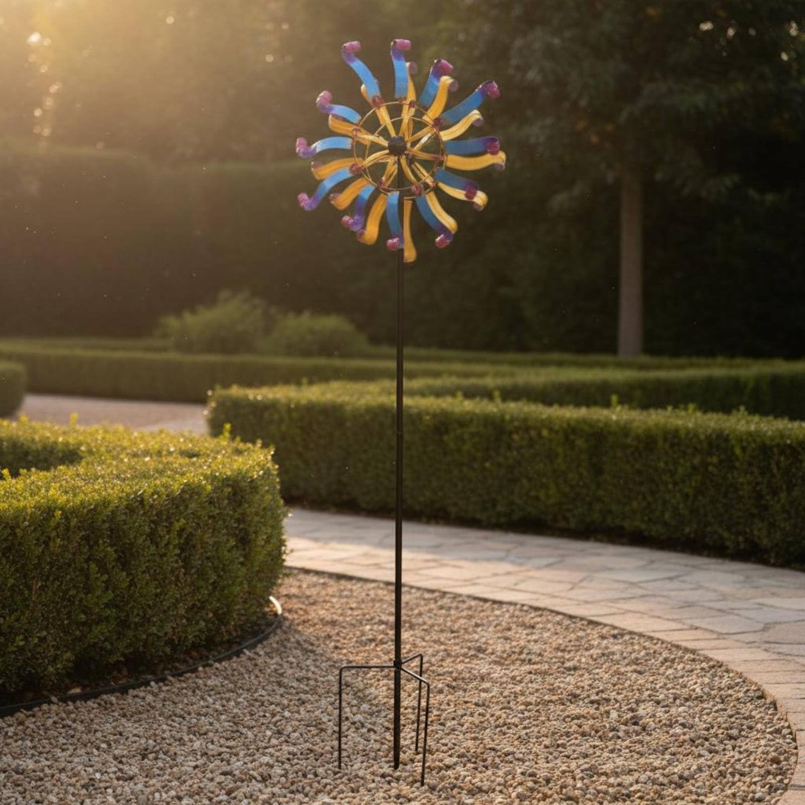 Windmühle Garten Windspiel Metall Zweischichtiges Flügeldesign Ruhiger Lauf Farbige Oberfläche Reflektierend Fester Stand für Tägliche Gartennutzung für Hof Garten Balkon