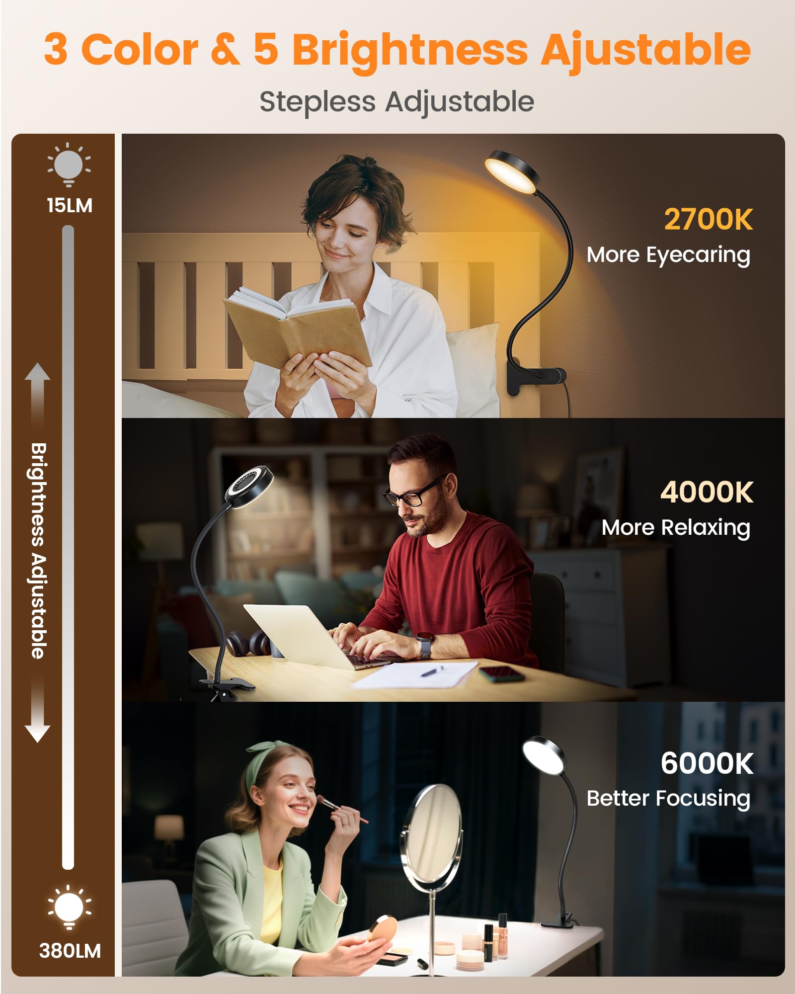 Glocusent Lampe de Bureau à Pince, 72 LED Lampe Lecture, 360° Flexible Lampe Pince pour Lit, 3 Luminosités & 5 Couleurs, Protection des Yeux, pour Maison/Bureau (Noir avec Adaptateur et Télécommande)