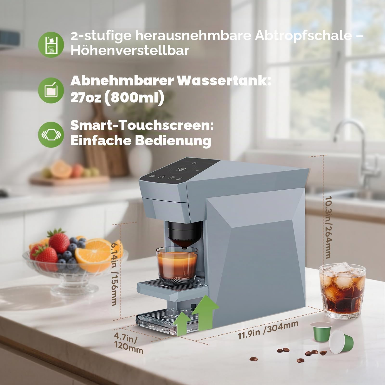 4-in-1-Kaffeemaschine, 20 Bar Espressomaschine, Kompatibel mit Nespresso OriginalLine Kapseln/Dolce Gusto/K-Cups/Gemahlenem Kaffee, 800ml Wassertank, Wolkengrau