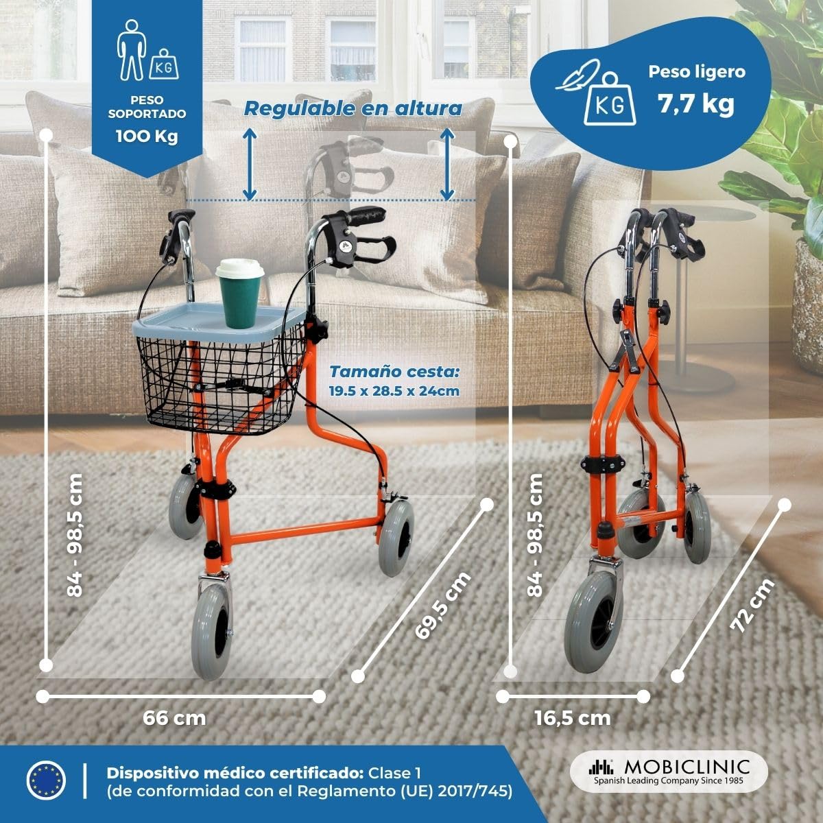 Mobiclinic®, Andador plegable 3 ruedas, Caleta, Cesta con tapa y bolsa, Frenos en manetas, Regulable altura, Marca española, Ligero, Estructura manejable, Pequeñas, Naranja