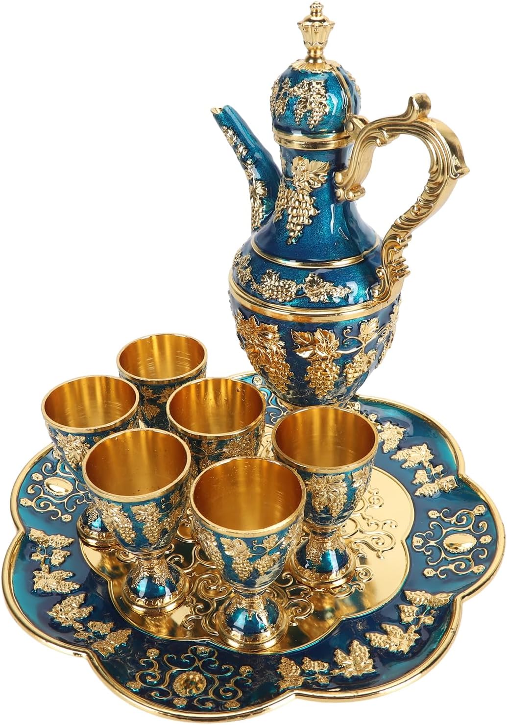 Retro Coffee Pot Tray Set Rustproof Vintage Luxury Serving Set for Daily Use Zinc Alloy (Gold Blue)