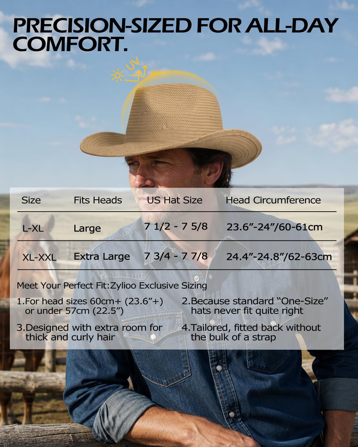 Zylioo Cowboy Strohhut XXL Hut Herren Damen Sommer Sonnenhut Großen Kopf UPF50+ UV Schutz Sonennschutz Stroh Sommerhut