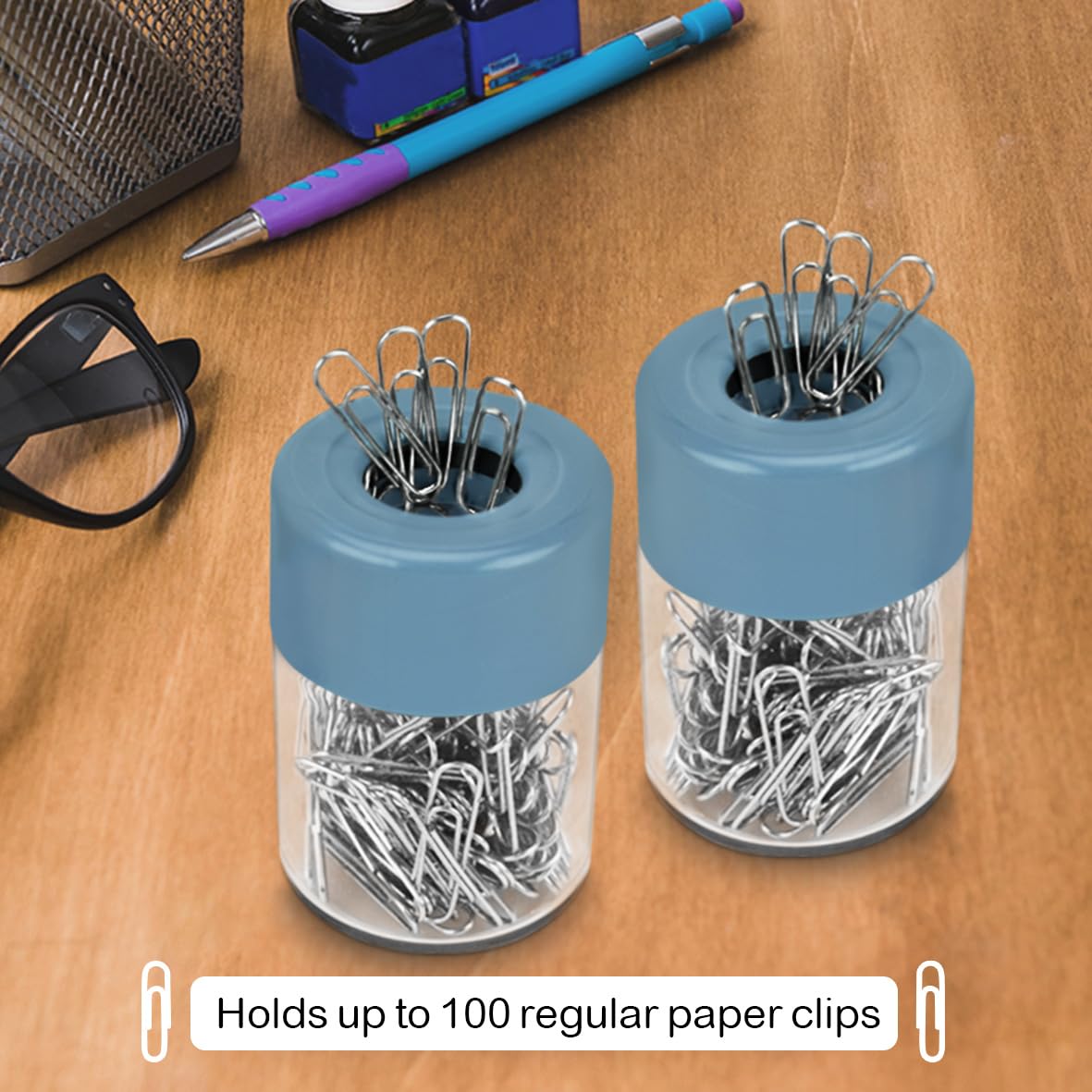 Acrimet Magnetischer Büroklammer-Spender, rundes Design, 100 normale Büroklammer-Kapazität (transparenter Kristallboden/blauer magnetischer Deckel) (2 Stück)