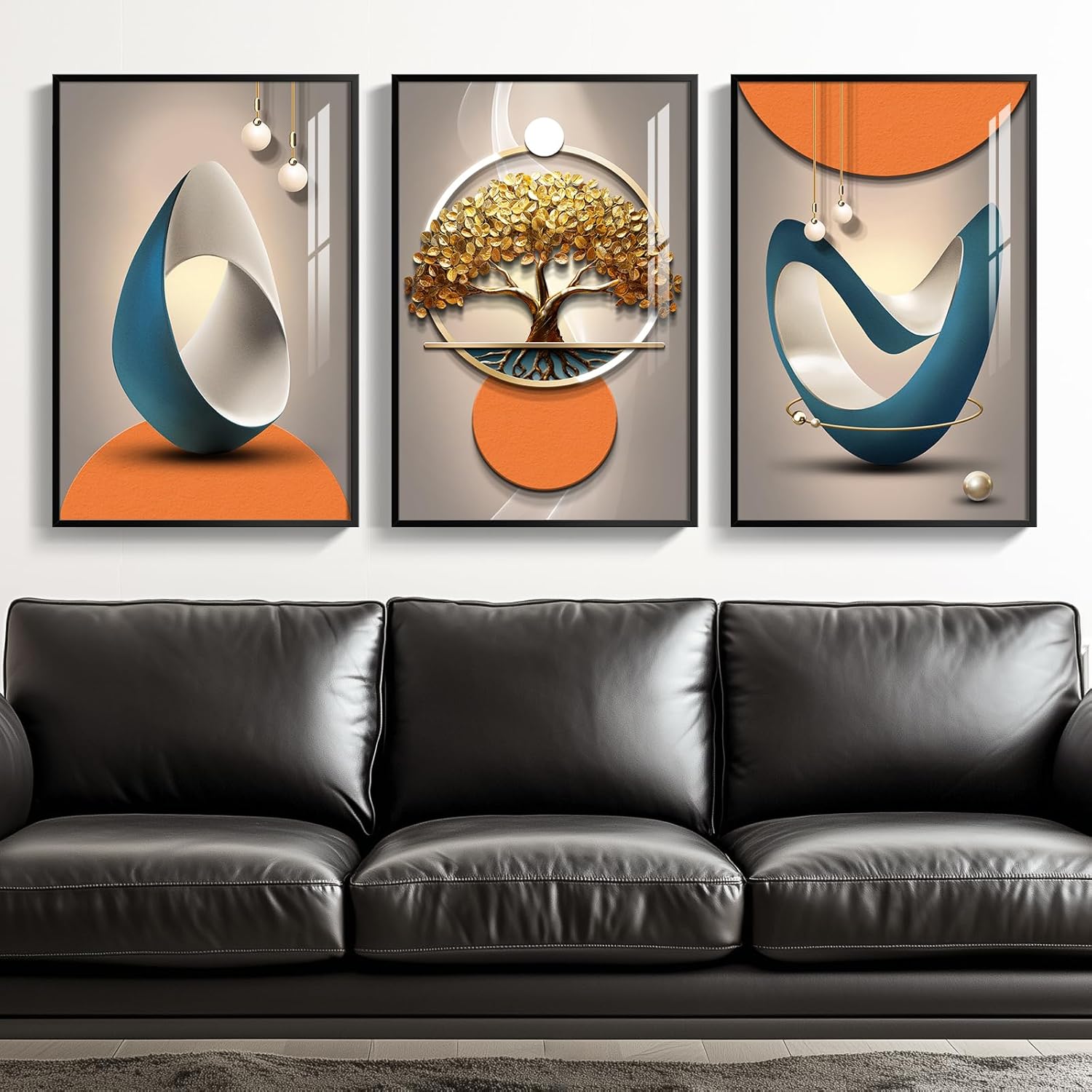 Framed Modern Large Wall Art, Bright Style Paintings Artwork for Walls, Set of 3 Piece Contemporary Luxury Wall Art Prints, Big Pictures for Living Room Bedroom Office Wall Decor 16x24 Inch 24" H x 48" W Bright