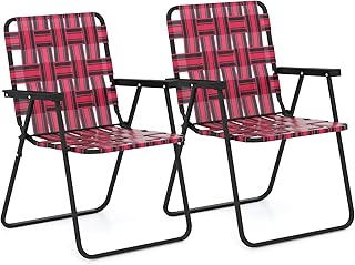 GYMAX Folding Chair, Patio Lawn Chair Set with Armrest, Indoor/Outdoor 2 Pack Webbed Lightweight Dinning Chair, Portable Beach Chair for Outside, Poolside, Backyard (Red, 2)