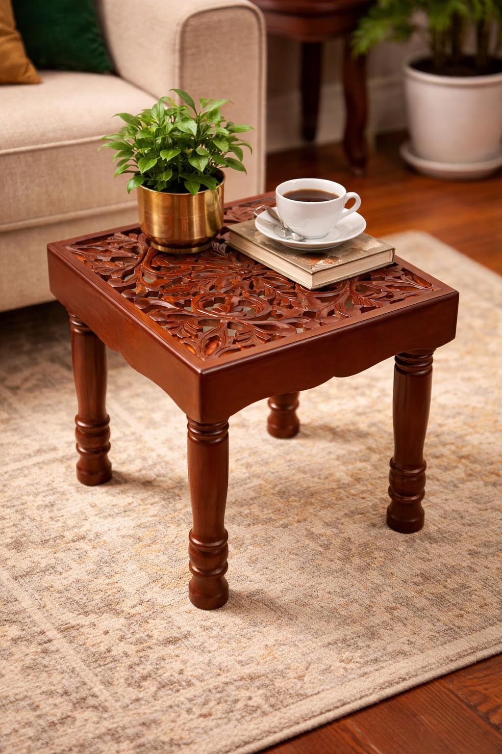 Brown Arts Shoppee Center Small Carved Coffee Table Fold-able Square Shaped Side Table for Tea Coffee Breakfast Side Table (Brown)