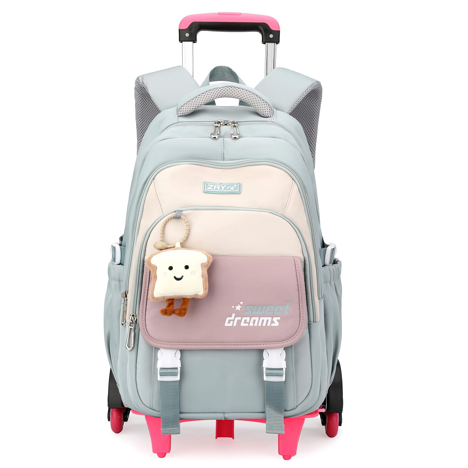 Amythe Zaino Trolley 2 in 1 per Ragazza Elementare Media, 6 Ruote, Verde | Zaino con Ruote per Ragazza, Zainetto Casual Adolescenti con Pettorina, con Ciondolo, Viaggio e Ritorno a Scuola