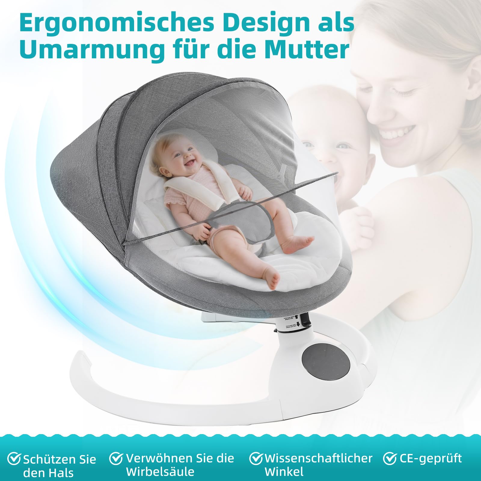 Babywippe Elektrisch Neugeborene bis 9 kg, Klappbar Bluetooth Babyschaukel Elektrisch mit 5 Schwinggeschwindigkeiten, 3-stufigem Timer und Fernbedienung, Tragbar Leicht Wippe Baby Elektronisch (Grau)
