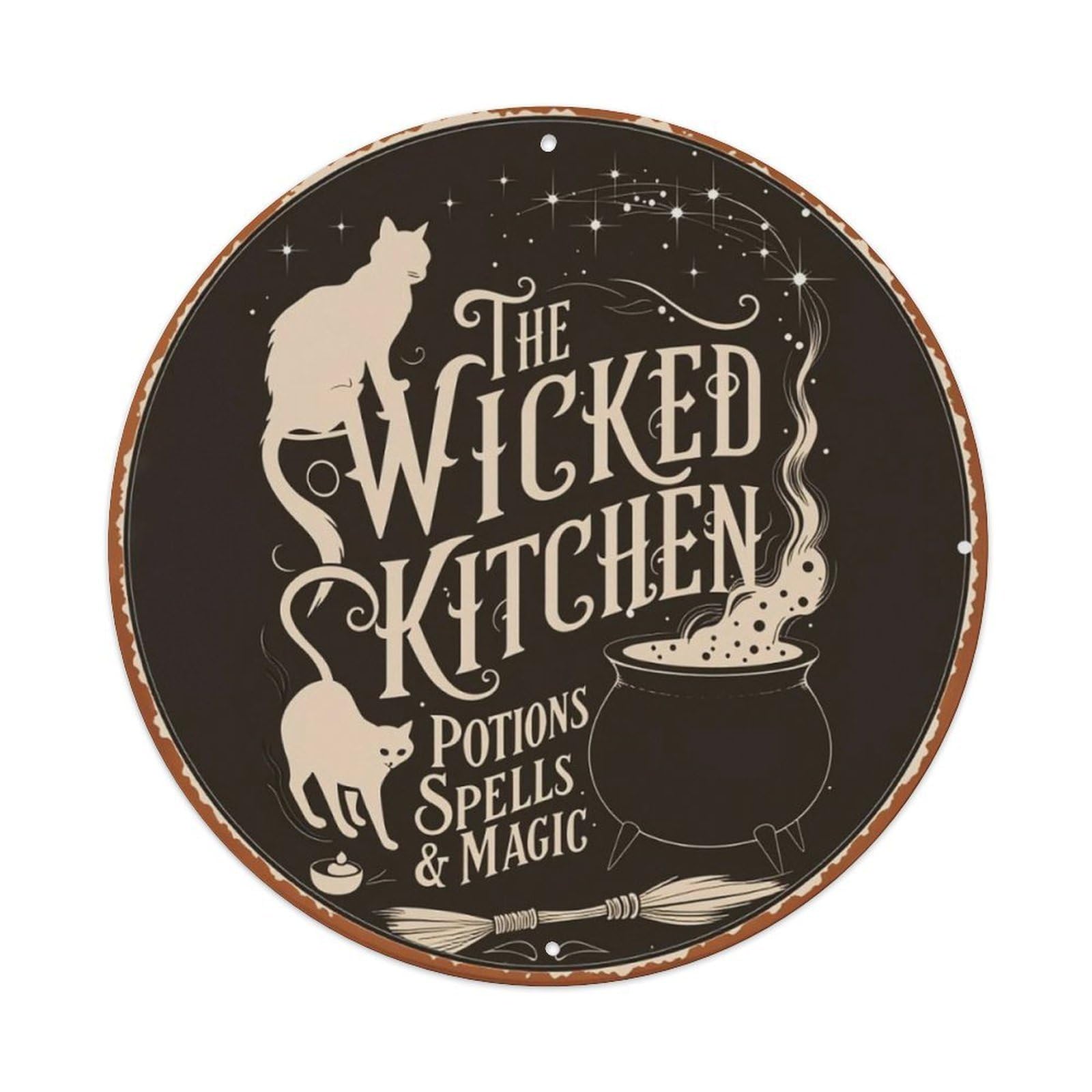 Witch Kitchen Black Cat Magic Vintage Round Sign Vintage Aluminium Metal Sign, Retro Wall Decor for Home, Bar, Garage & Farmhouse 20x20cm