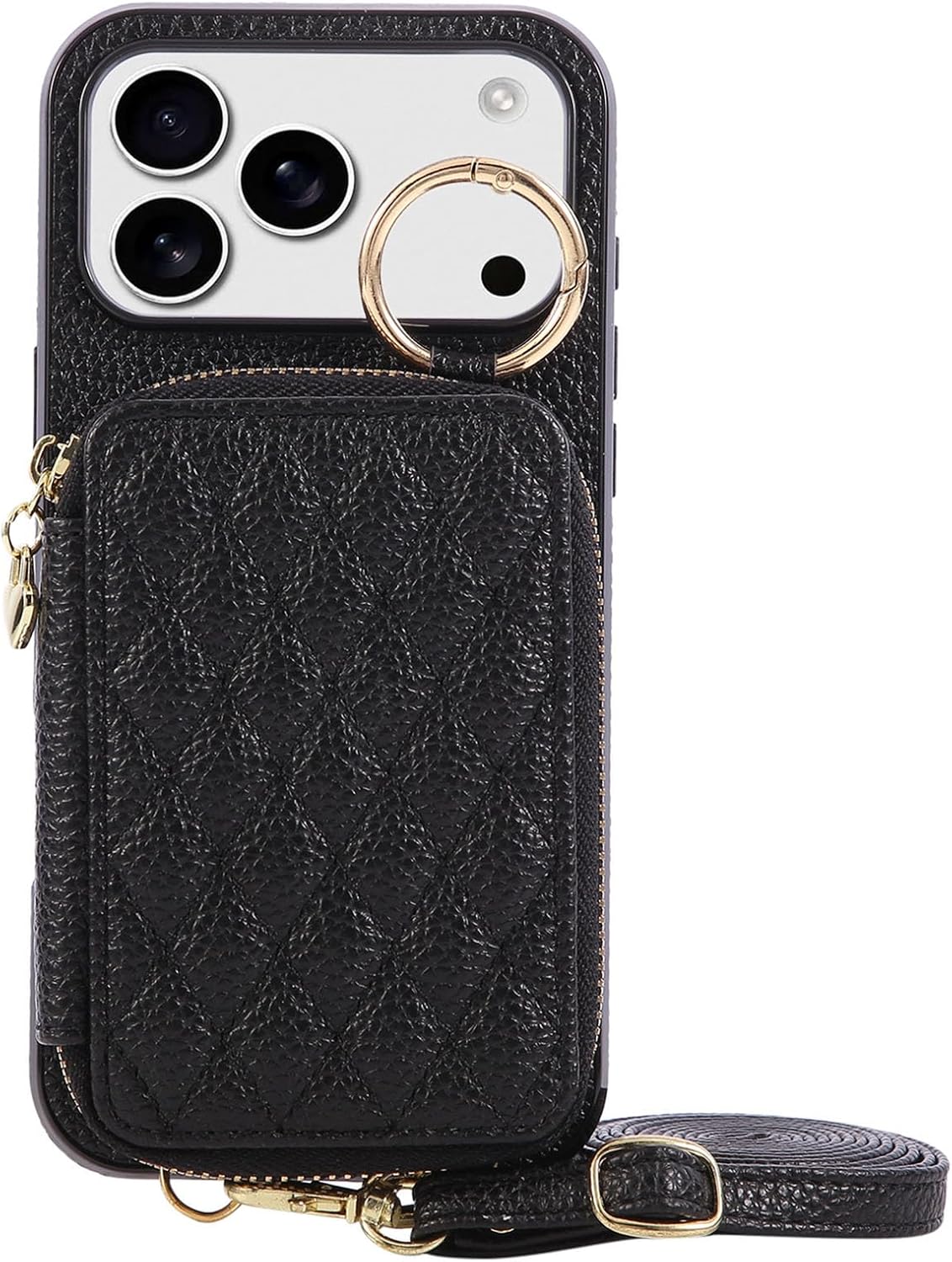 Crossbody Leather Case for iPhone 17/17 Air/17 Pro/17 Pro Max, Long Shoulder Strap Card Bag Cover with Hanging Ring & Shock Protection(Black,17 Pro)