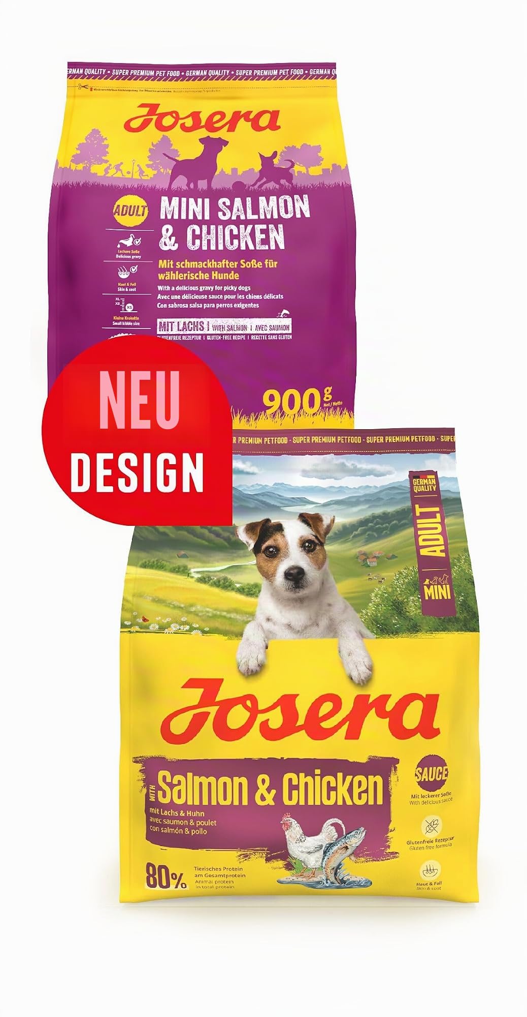 JOSERA Mini Lachs & Huhn (5 x 900 g) | Adult | Premium Trockenfutter für ausgewachsene Hunde Kleiner Rassen | mit Biotin | kleine Kroketten | mit leckerem Soßenpulver auch nass zu verfüttern | 5er