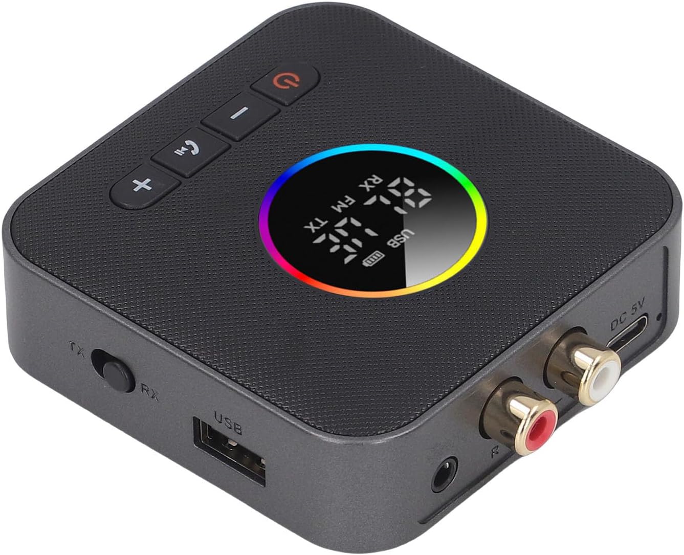 Jiawu Bluetooth 6.0 Transmitter Receiver, Wireless Audio Adapter for TV Home Stereo with AUX 3.5mm, Dual Link, Low Latency, HD Audio, USB Flash Drive, FM Transmitter