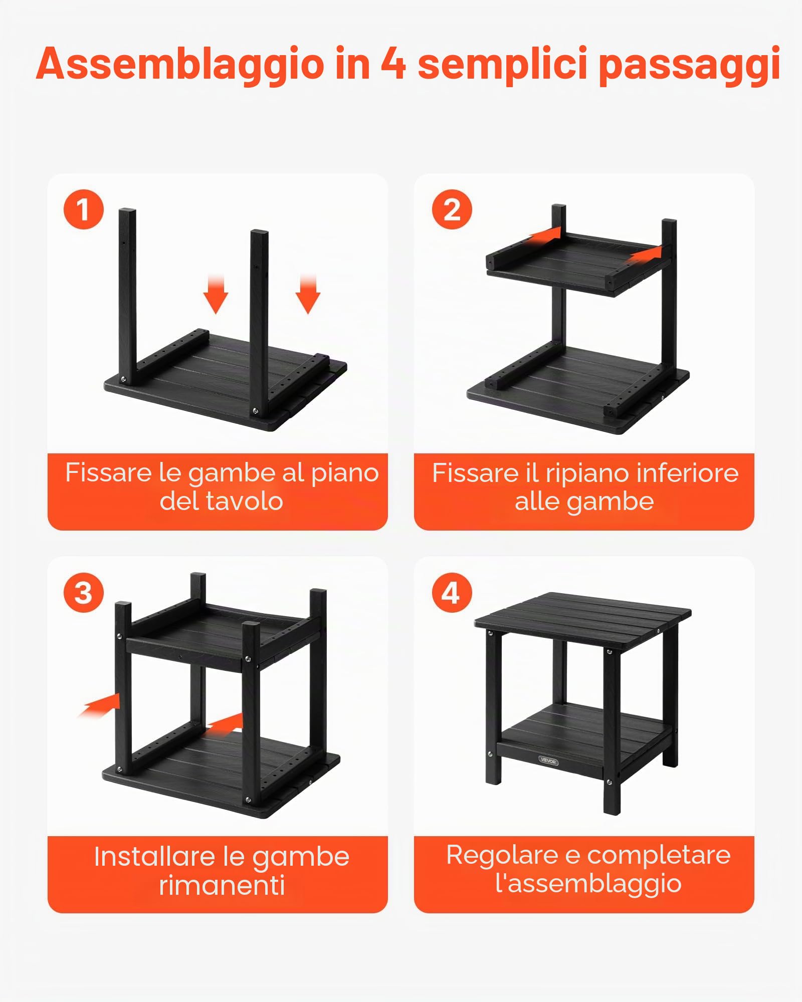 VEVOR Tavolino da Giardino 2 Ripiani 45 x 38 x 44 cm, HDPE, Tavolino da Esterno Mobiletto per Cortile per Bordo piscina, Spiaggia, Veranda, Balcone, Interno, Nero