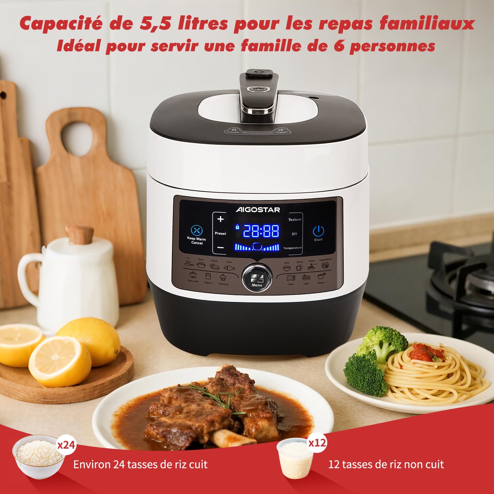 Aigostar Panda - Autocuiseur Électrique Multifonction 14-en-1, 5.5L, 1000W, Cuisson sous Pression, Cuisson Lente, Friture, Yaourt, Riz, Écran LED, Minuterie 24h, 9 Sécurités,Livré avec Accessoires