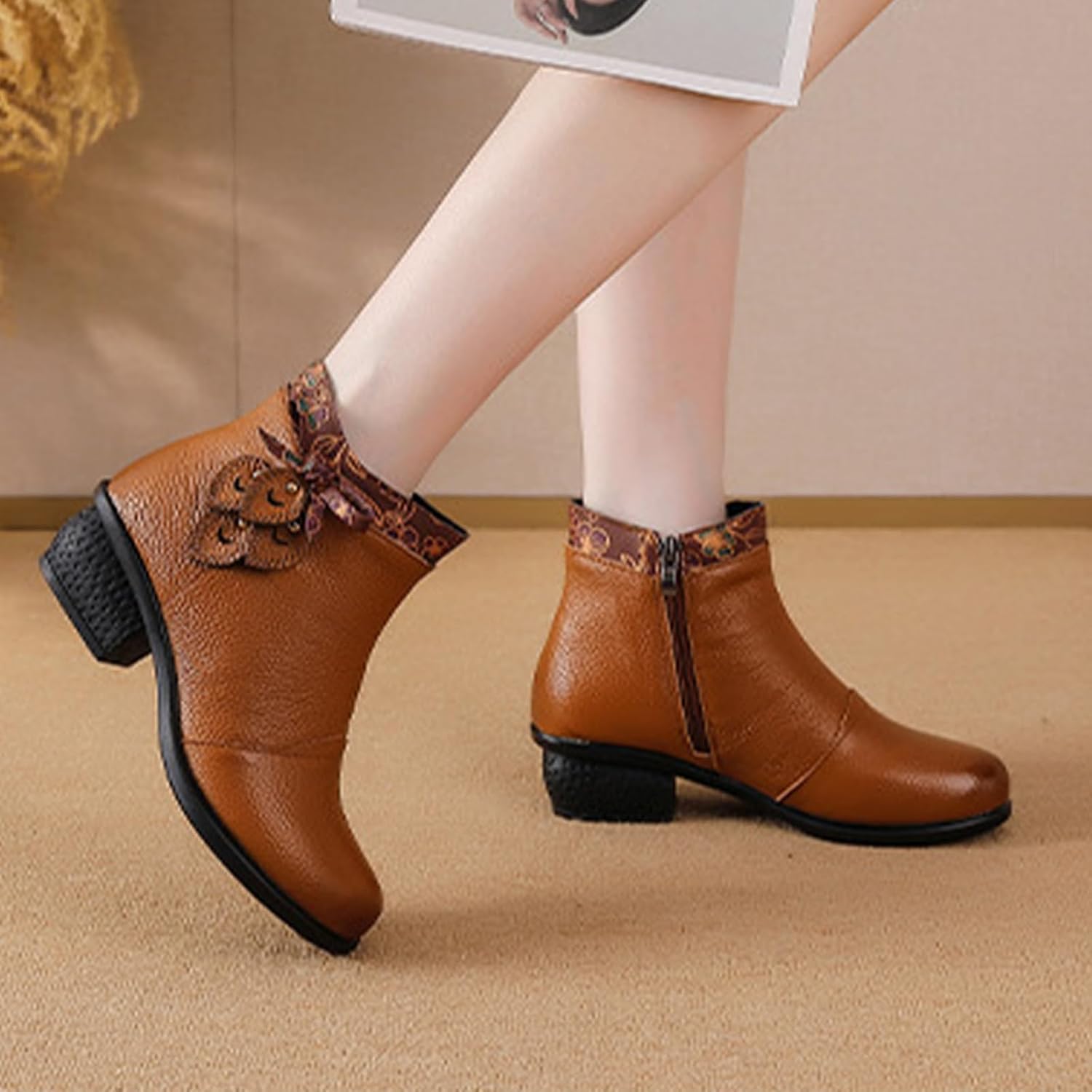 Women's Leather Dress Ankle Boots,Vintage Bow Comfort Chunky Block Waterproof Non-slip Side Zip Casual Short Booties