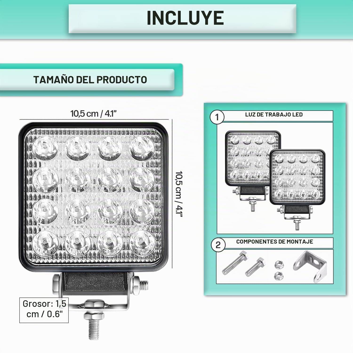 Foco LED 12V 48W 16 LED 6500K 2 uds Aluminio ABS 4x4 | 4.21" 10.5 cm, IP67, Largo alcance, Faros