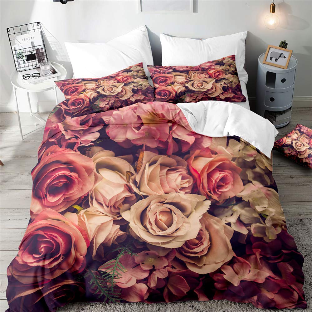 Duvet Cover Set for Single Double Super King Size Bed, Morbuy 3D Rose Printed Microfiber Bedding Sets Duvet Set with Pillowcases and Quilt case (Single-135x200cm,Retro)