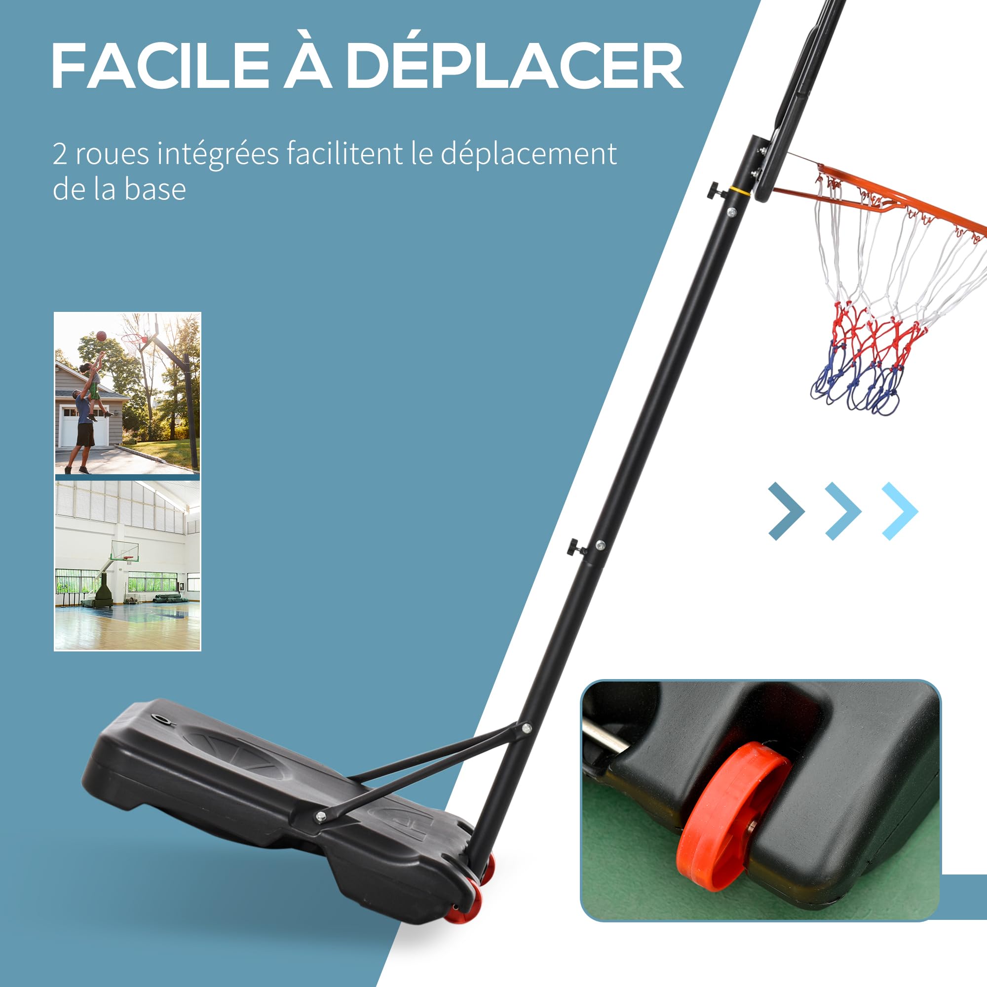 HOMCOM Panier de Basket extérieur Hauteur réglable 160–210 cm Panier de Basket sur Pied à roulettes avec Base Stable remplissable d'eau ou de Sable pour Juniors et Adultes, Noir