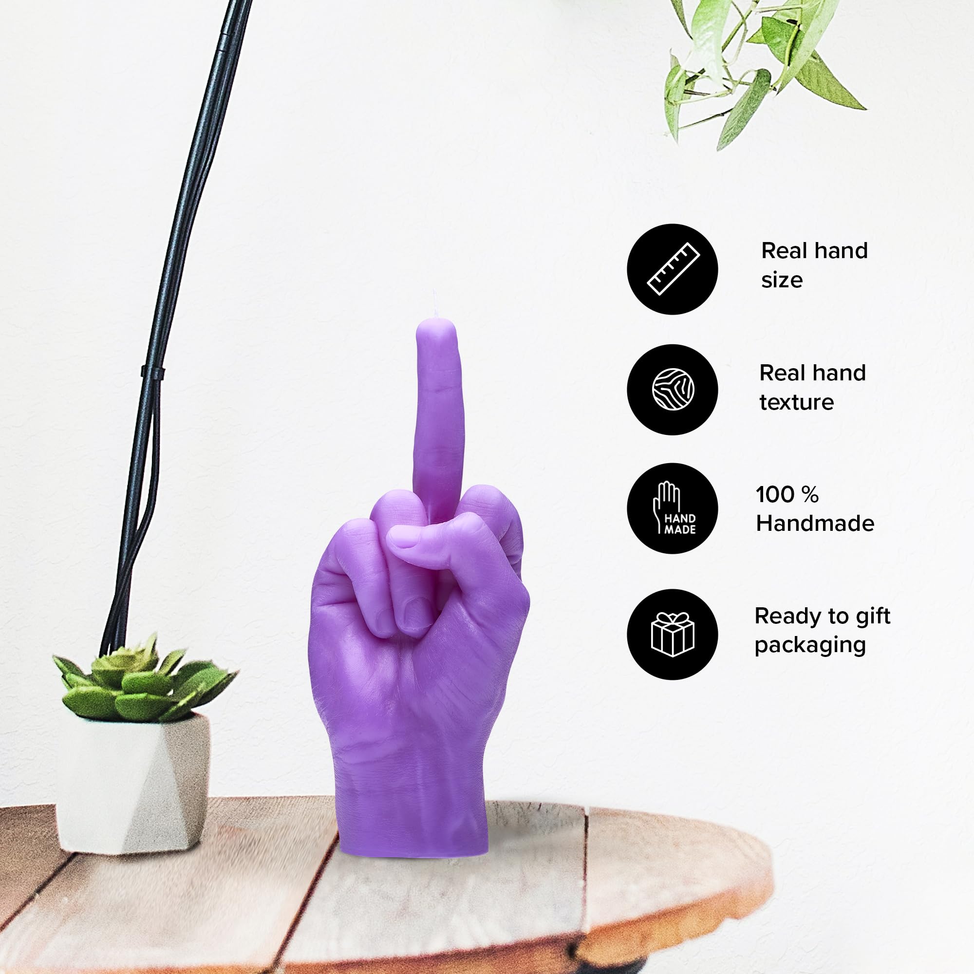 Candela per gesti delle mani F*CK YOU - Dito medio - Grande mano reale Dimensioni 22 x 9 x 8 cm - Compleanno insolito, ufficio, regalo di inaugurazione della casa (Viola)