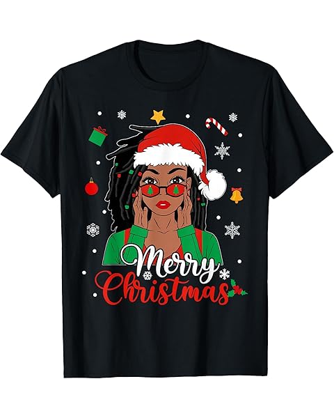 African American Black Woman Loc'd Girl Merry Christmas Xmas T-Shirt