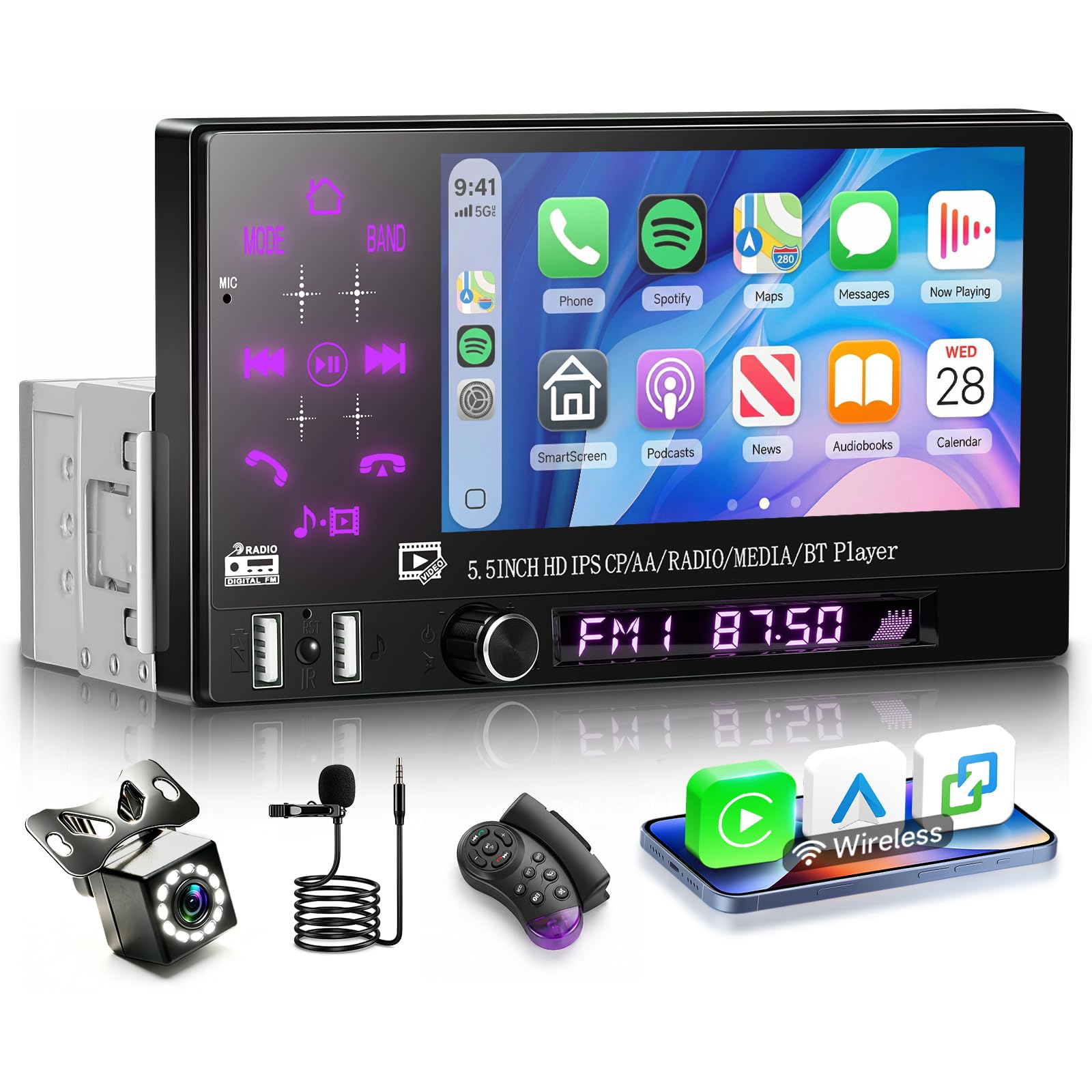 Hodozzy Autoradio 1 Din avec CarPlay Android Auto Sans Fil, Ecran Tactile IPS 5,5 Pouces Poste Radio Voiture avec Bluetooth, Radio FM, EQ, Lien Miroir, SWC, 2 USB, Rétroéclairage Coloré+ Caméra et MIC
