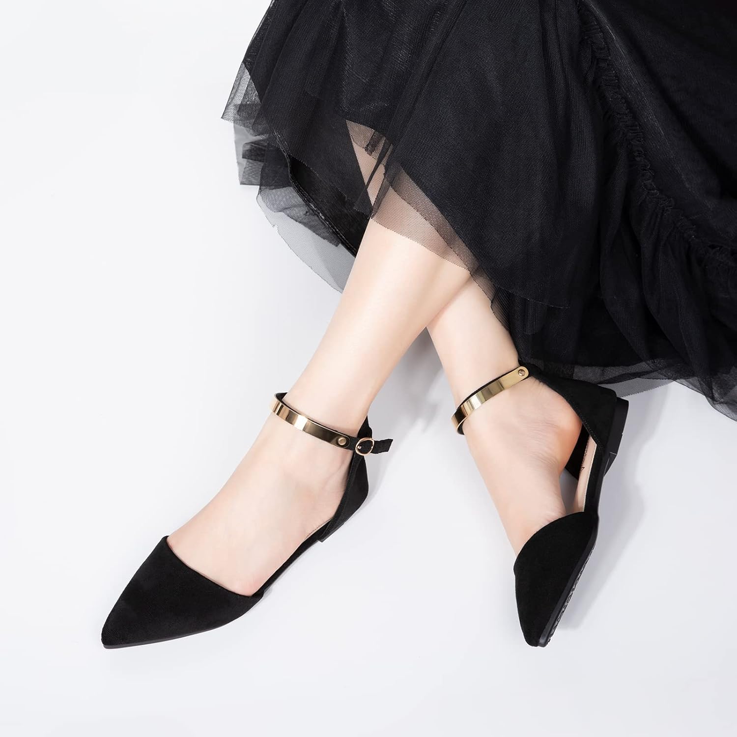 Zelaprox Women's Black Pointed Toe Flats Rhinestone Bow Ankle Strap Ballet Flats Comfortable Slip On Flats Light Weight Suede Dress Shoes - Image 7