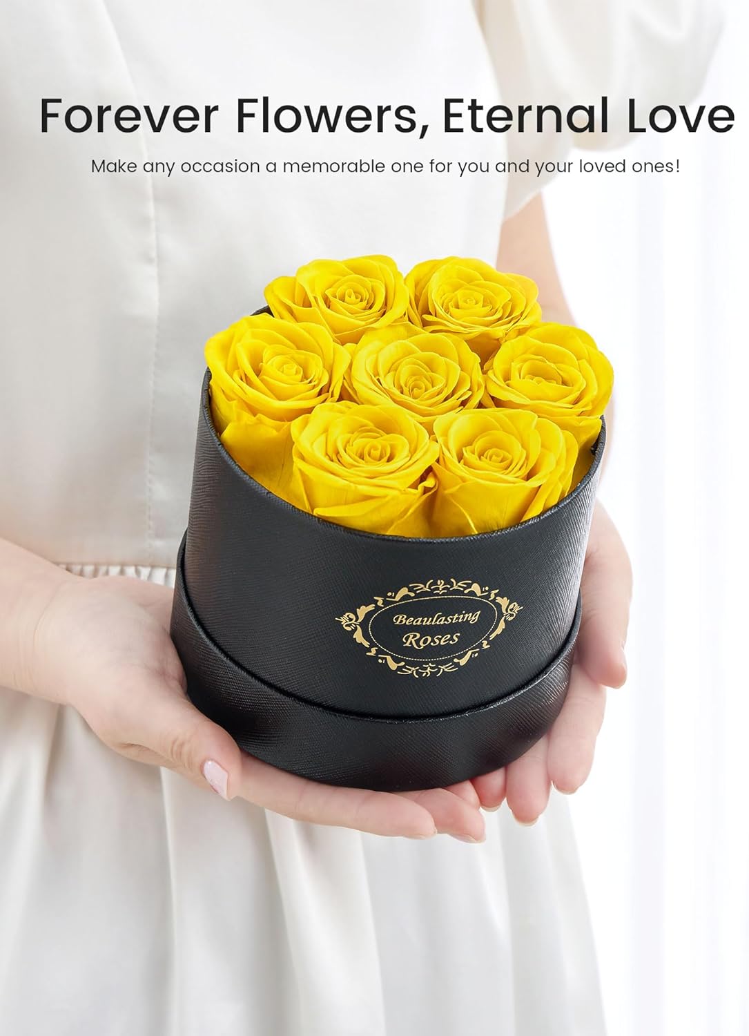 Beaulasting Long Lasting Preserved Roses in a Box Last a Year Forever Flowers for Her Mom Wife Anniversary Birthday (Round Black Box, Yellow) - Image 3