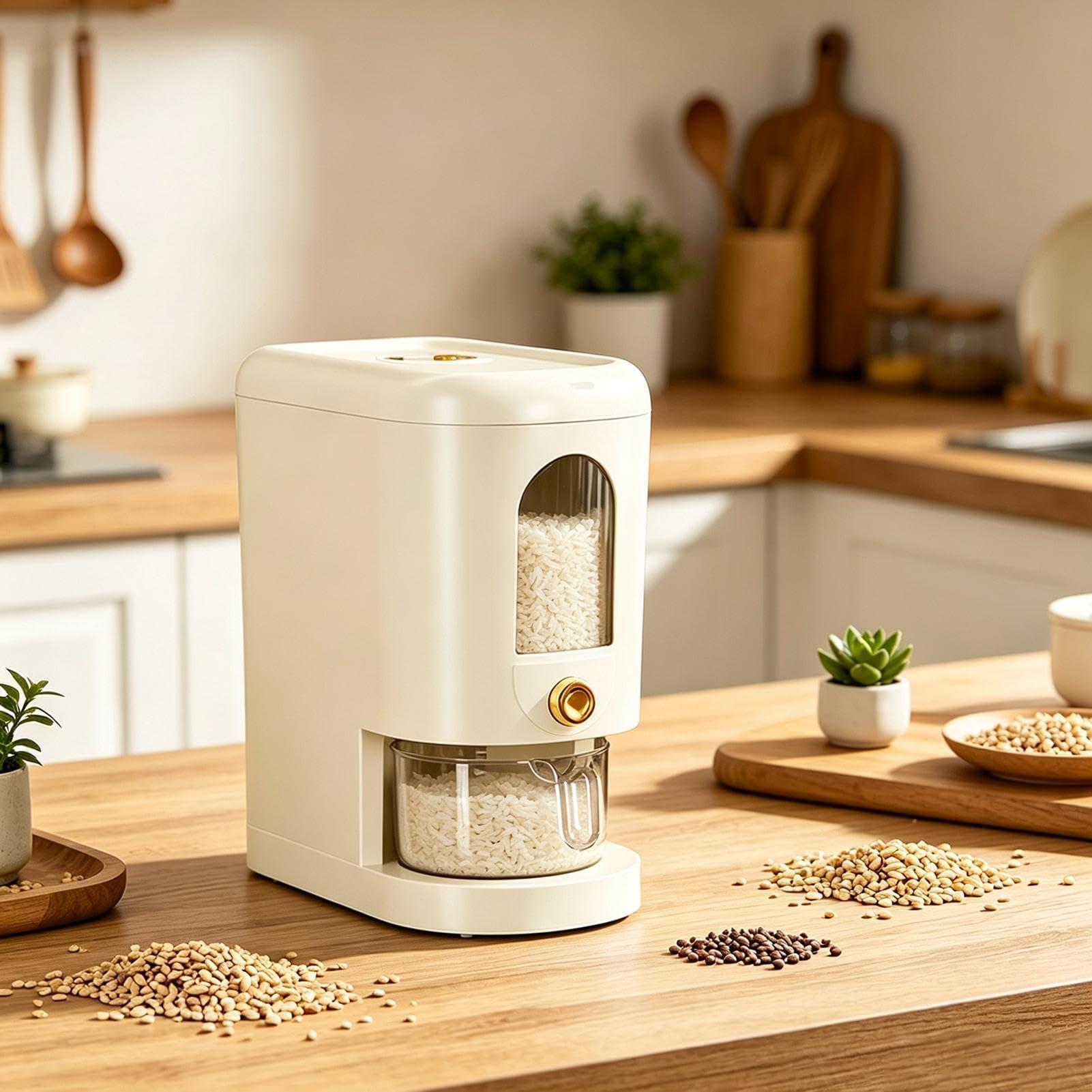 Dispenser di riso con coperchio e misurino, capacità 5 kg, porta riso automatico per piano di lavoro della cucina, dispensa, frigorifero, armadio