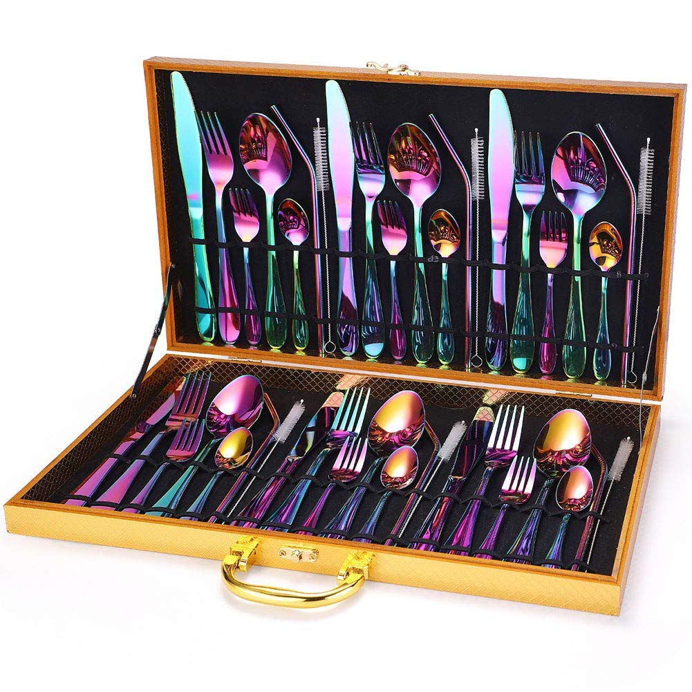 Juego de Cubiertos de 6 Piezas, Acero Inoxidable Pulido Fino, con Caja de Madera, Incluye Cuchillos, Tenedores y cucharas, Pajita，Gold 42pcs