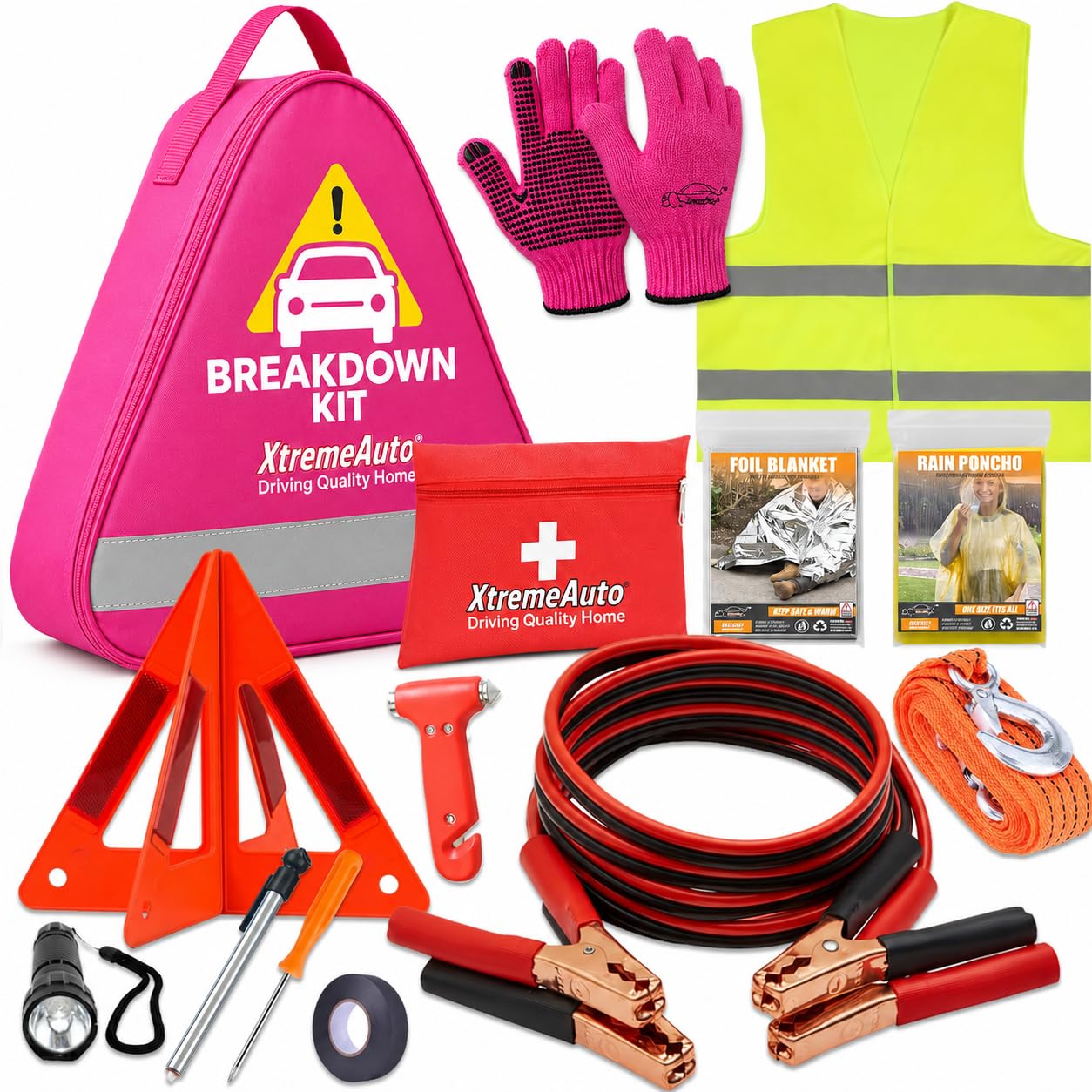 Xtremeauto Car Breakdown Emergency Kit – Roadside Car Safety Kit with Warning Triangle, Hi-Vis Vest, Tow Rope, Jumper Leads, First Aid Kit & Storage Case – Essential Car Kit for UK & Europe (Pink)