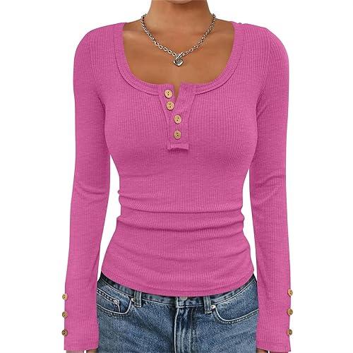 Womens Long Sleeve Shirts Going Out Spring Fall Clothes Casual Henley Tops Ribbed Blouses Trendy Outfits 2025 - Hot Pink - XXL