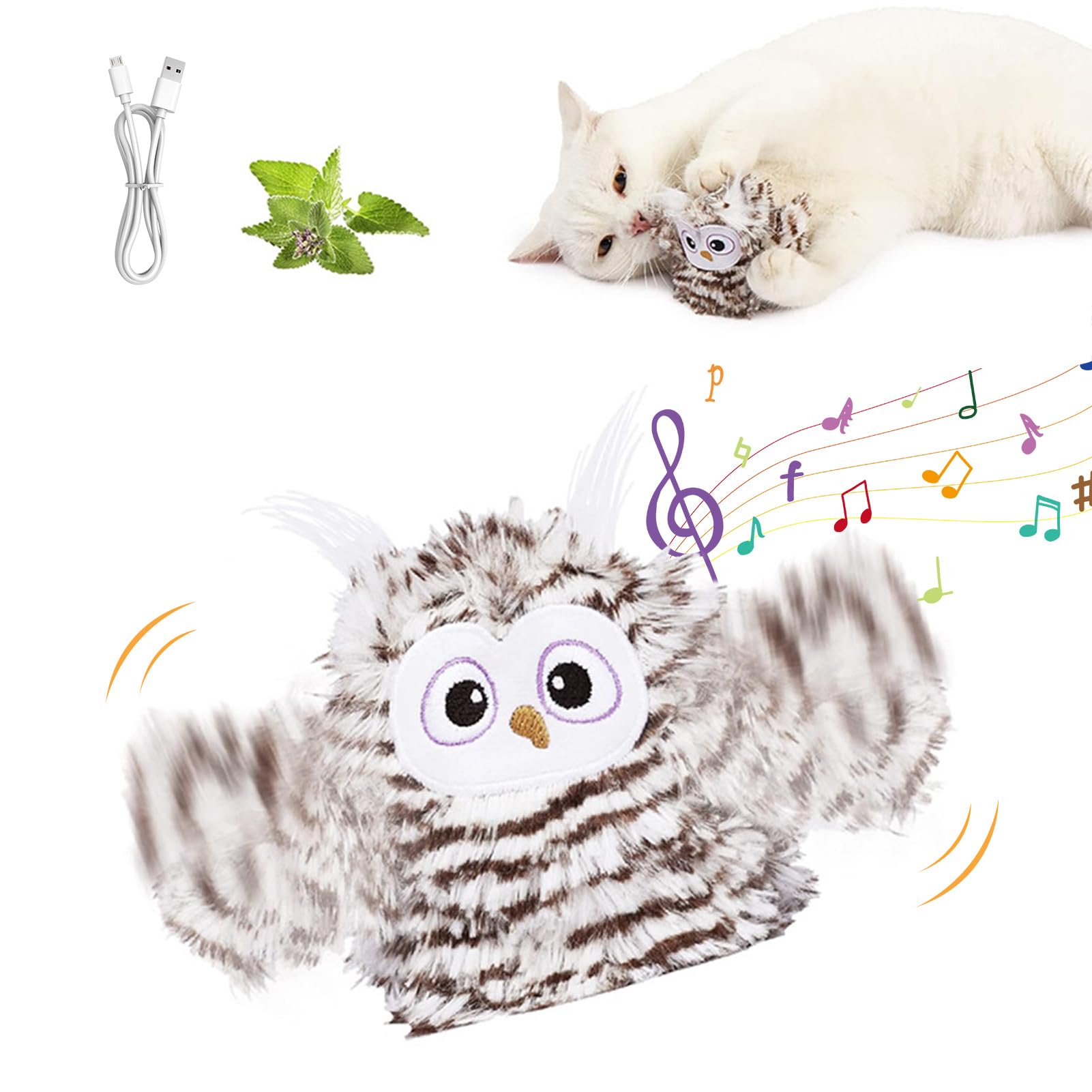 Shunfaji Interactive Cat Toy, Plush Bird Toy with Real Beating and Twitter, Rechargeable Cat Toy with Catnip (Owl B) — image 1
