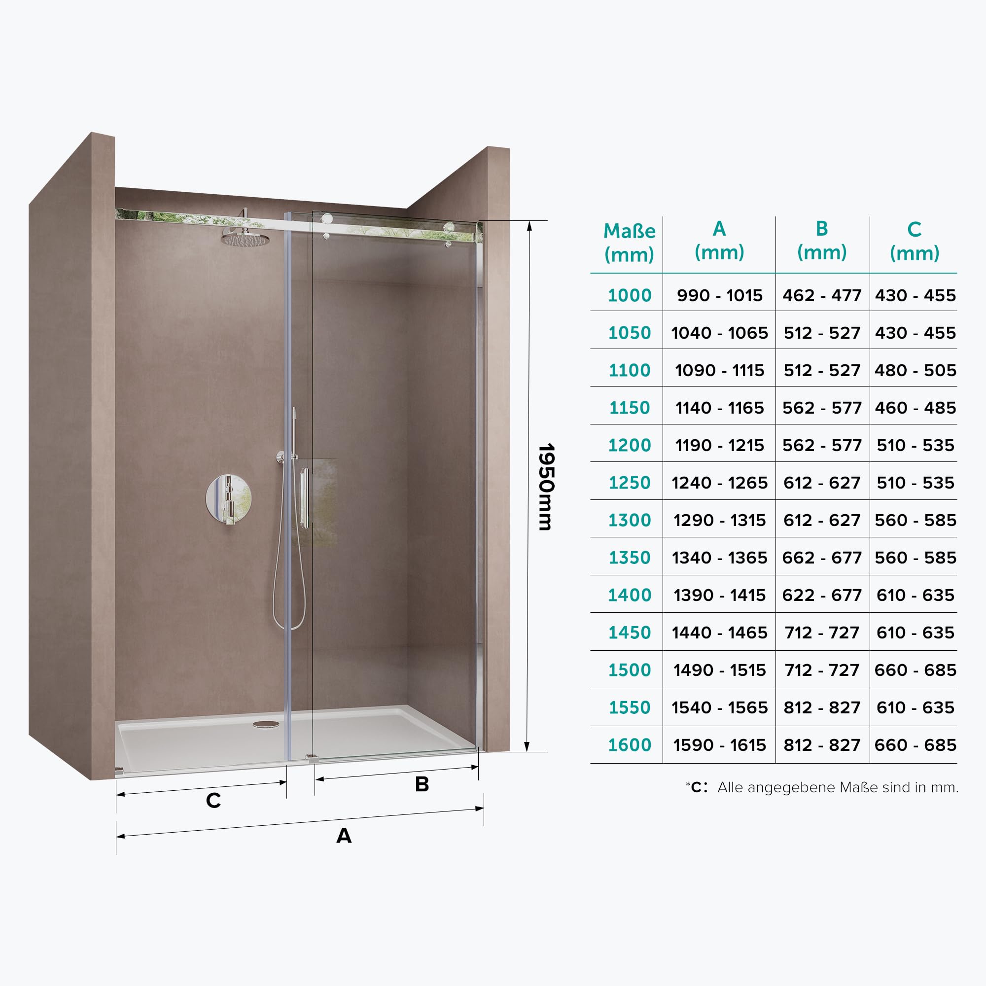 doporro Porta Doccia Scorrevole per Nicchia 125x195 cm, Box Doccia in Vetro Temperato Trasparente 8 mm Anticalcare, Profilo in Alluminio Regolabile - Teramo04