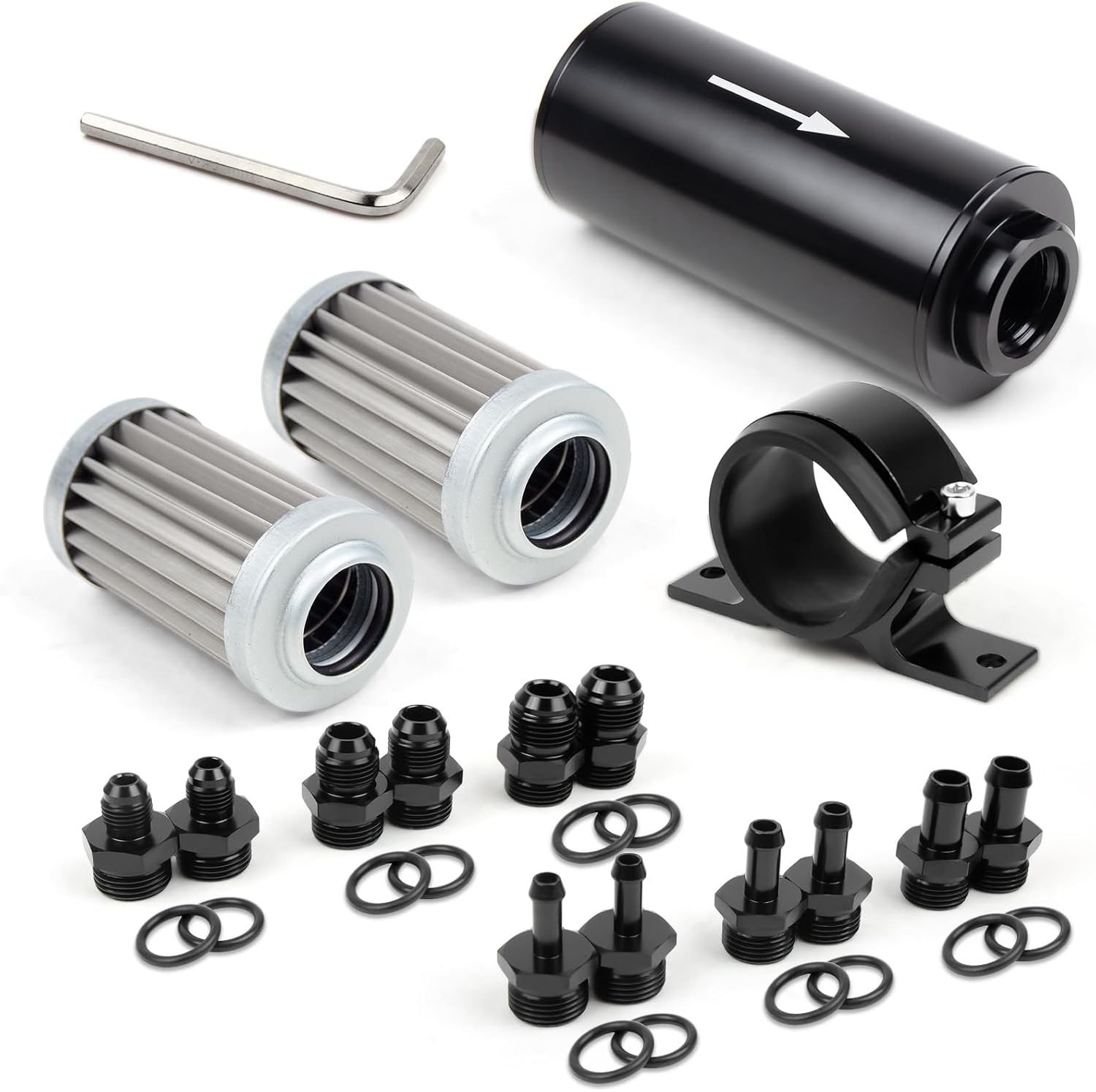 10 Micron Inline Fuel Filter with 6AN 8AN 10AN Adapter(6pcs), Barb 1/2", 3/8", 5/16" Fitting Adapter (6pcs),Bracket Clamp 50MM Universal, 10 Micron Filter Element Replacement