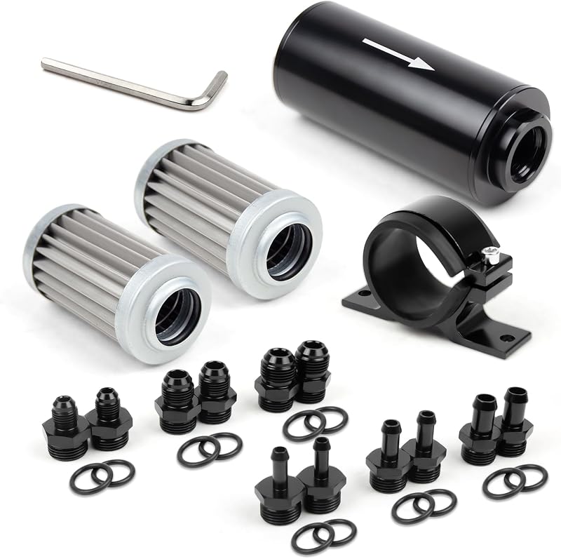 Filtro de combustível em linha Medoon 10 mícrons com adaptadores AN e espigões – Kit com 14 peças