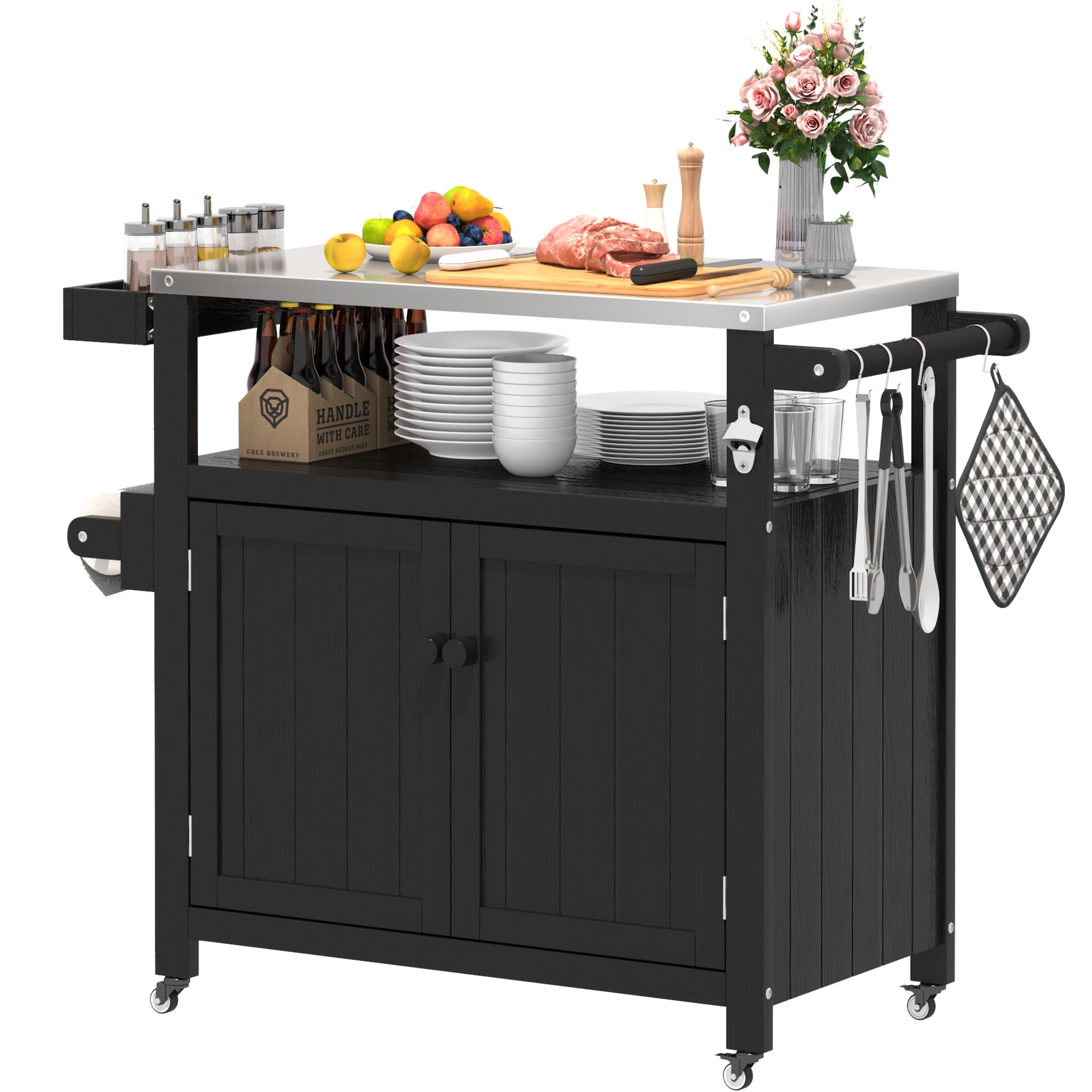 Wetterfeste HIPS Outdoor Kücheninsel mit Edelstahlplatte & Aufbewahrungsschrank, bewegliche Vorbereitungstisch mit Rädern für BBQ-Zubereitung, Outdoor Grillwagen für Parties, Schwarz