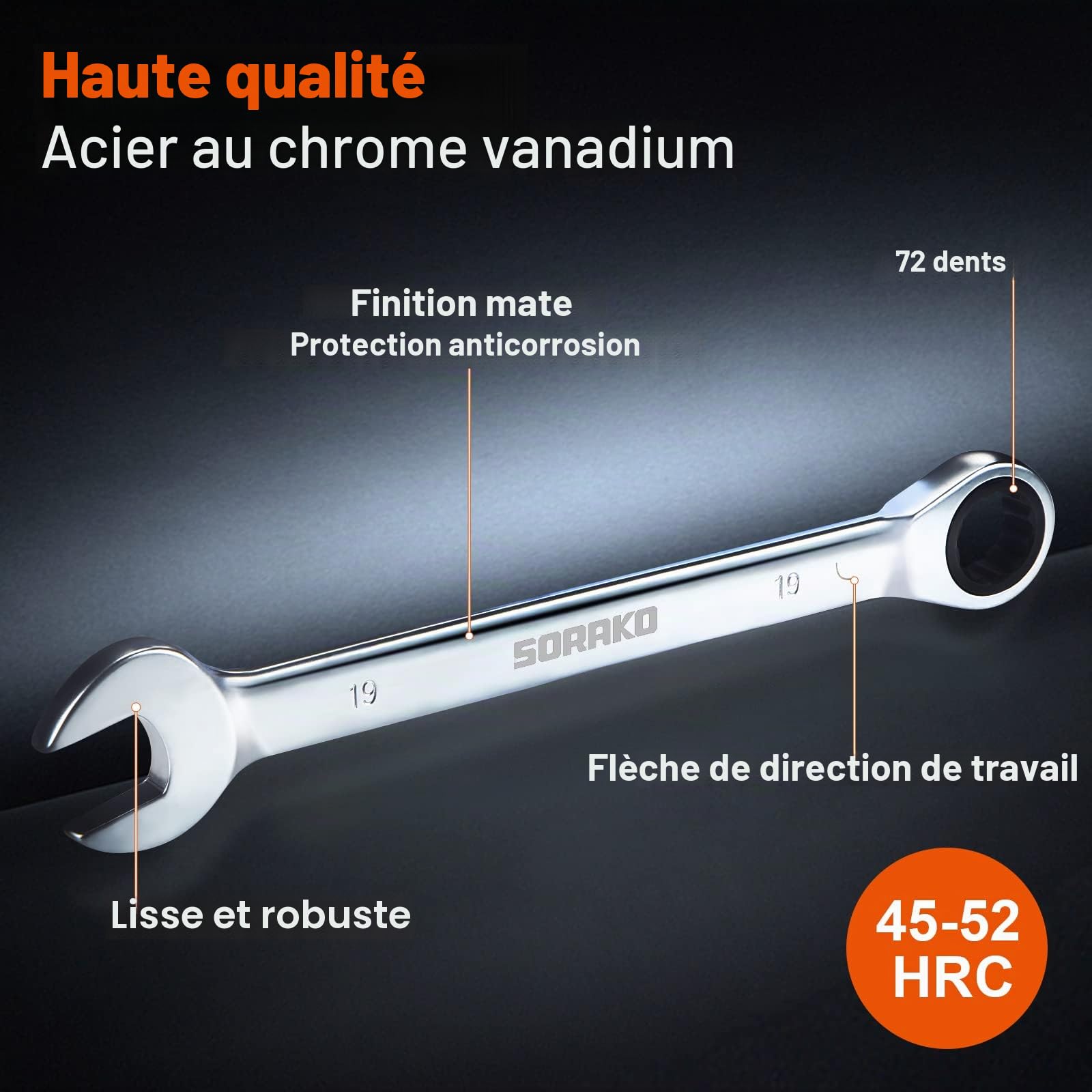 SORAKO Lot de 12 clés mixtes à cliquet à 72 dents - 8 à 19 mm - Jeu de clés mixtes à tête fixe - Dans un sac en rouleau