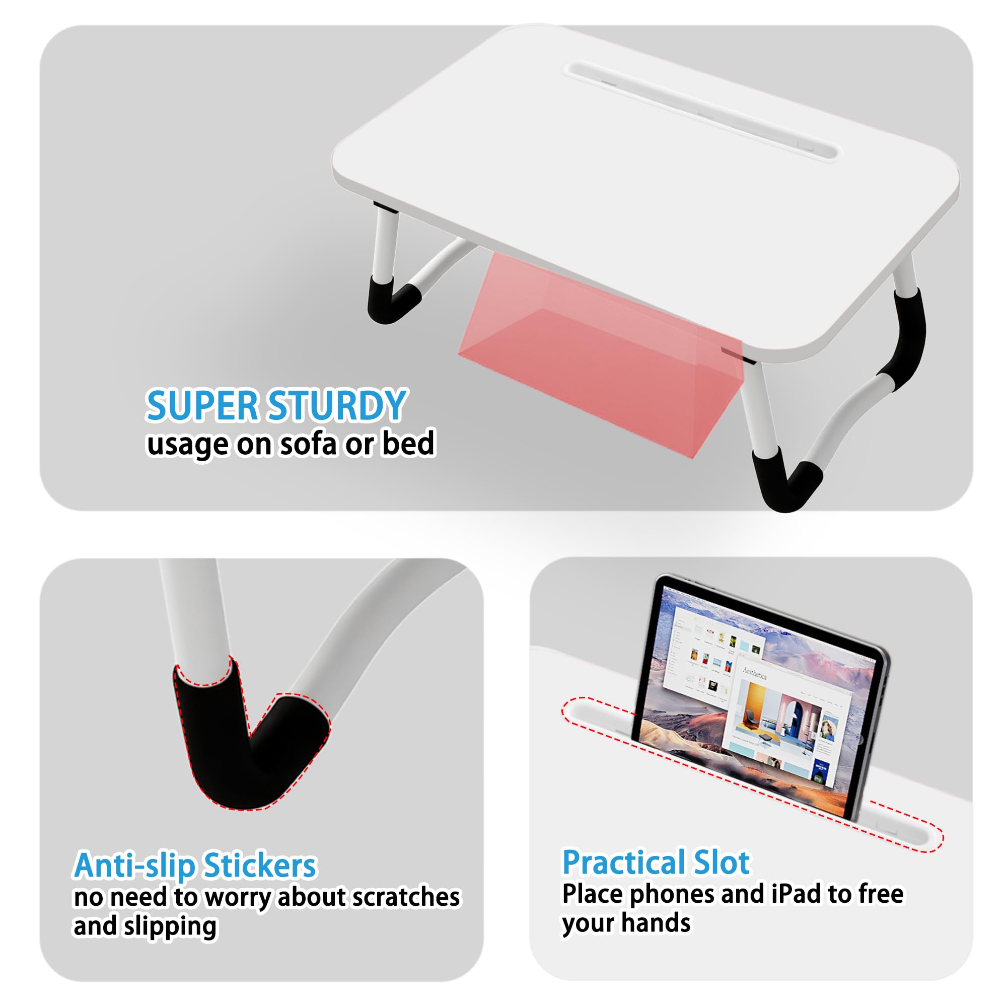 Petit Table de Lit pour Ordinateur - Plateau lit 48 x 30 cm pour Plateau de Petit-Déjeuner, Manger, Lire, Écrire, Travailler, Support pour, Canapé, Bureau et Maison (White)