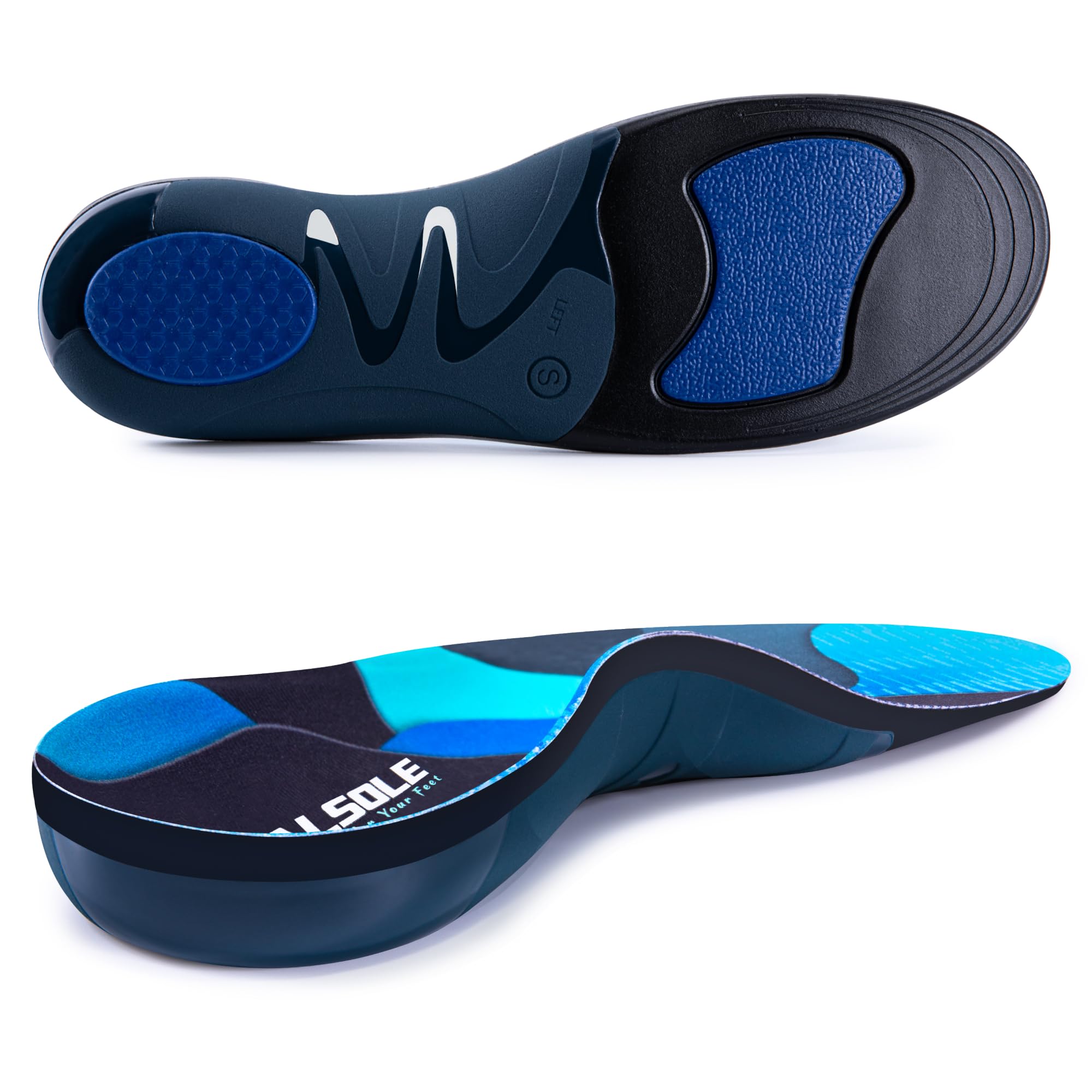 VALSOLE 220+ lbs Plantar Fasciitis High Arch Support Insoles Men Women - Orthotic Shoe Inserts for Flat Feet - Metatarsalgia - Heel Pain - Blue (Blue, (L) Mens 10-11.5 / Womens 12-13.5)