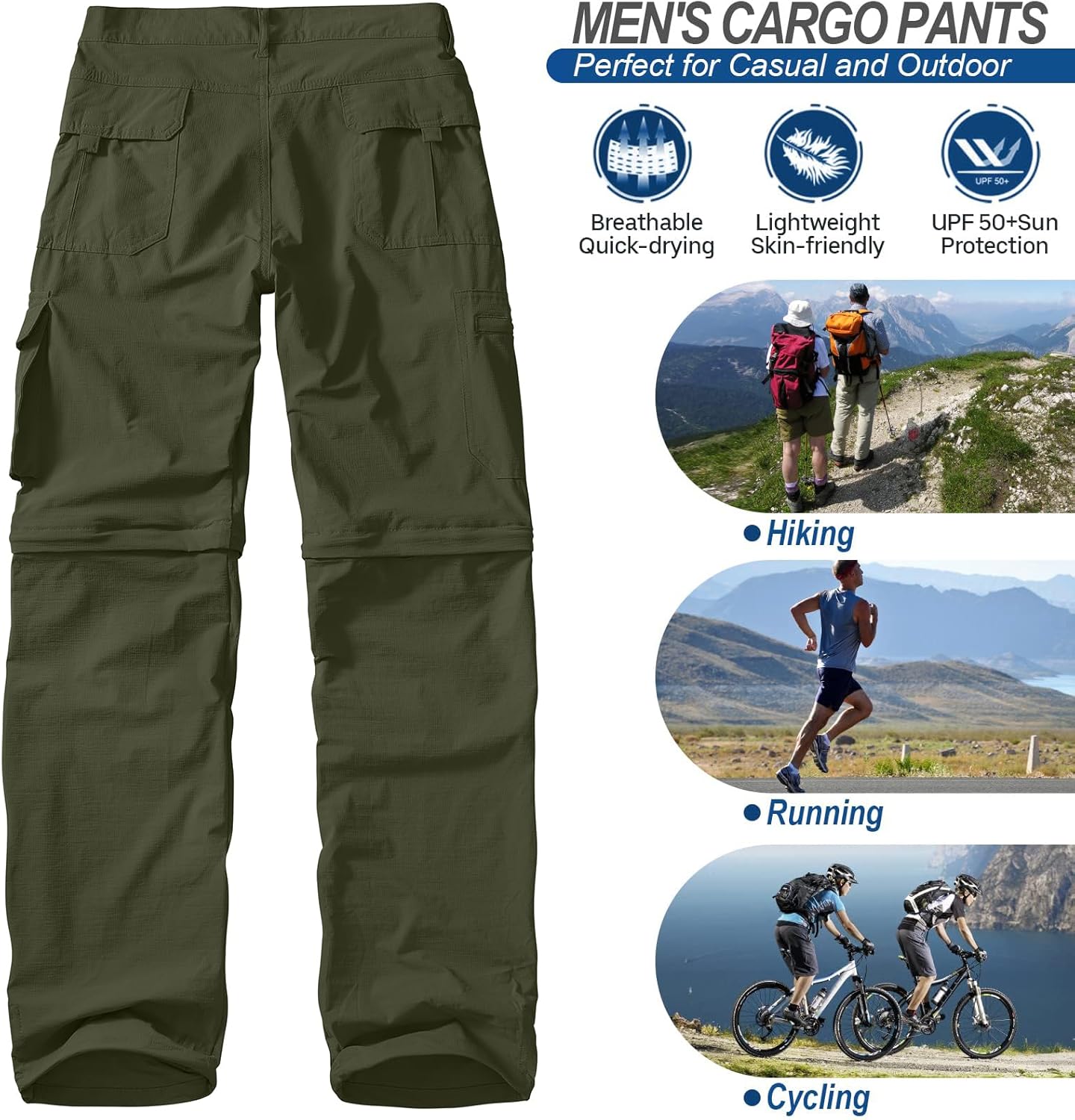 Hiking Pants Men Convertible Quick Dry UPF 50 Lightweight Zip Off Safari Fishing Travel Cargo Trousers - Image 7