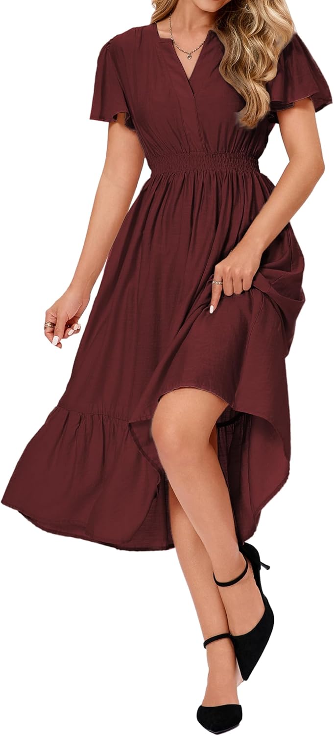 Women's 2026 Spring Summer Flutter Ruffle Sleeve V Neck High Elastic Wasit Flowy Midi Dress with Pockets - Image 2